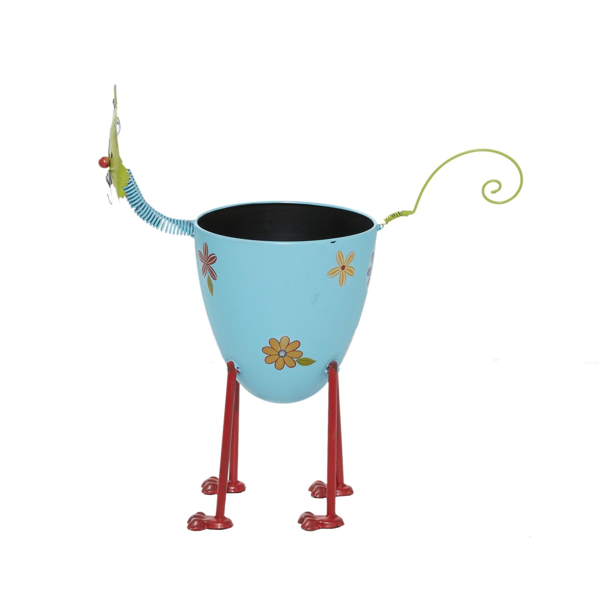 Cat Blue Metal Indoor Outdoor Planter with Flower Pattern