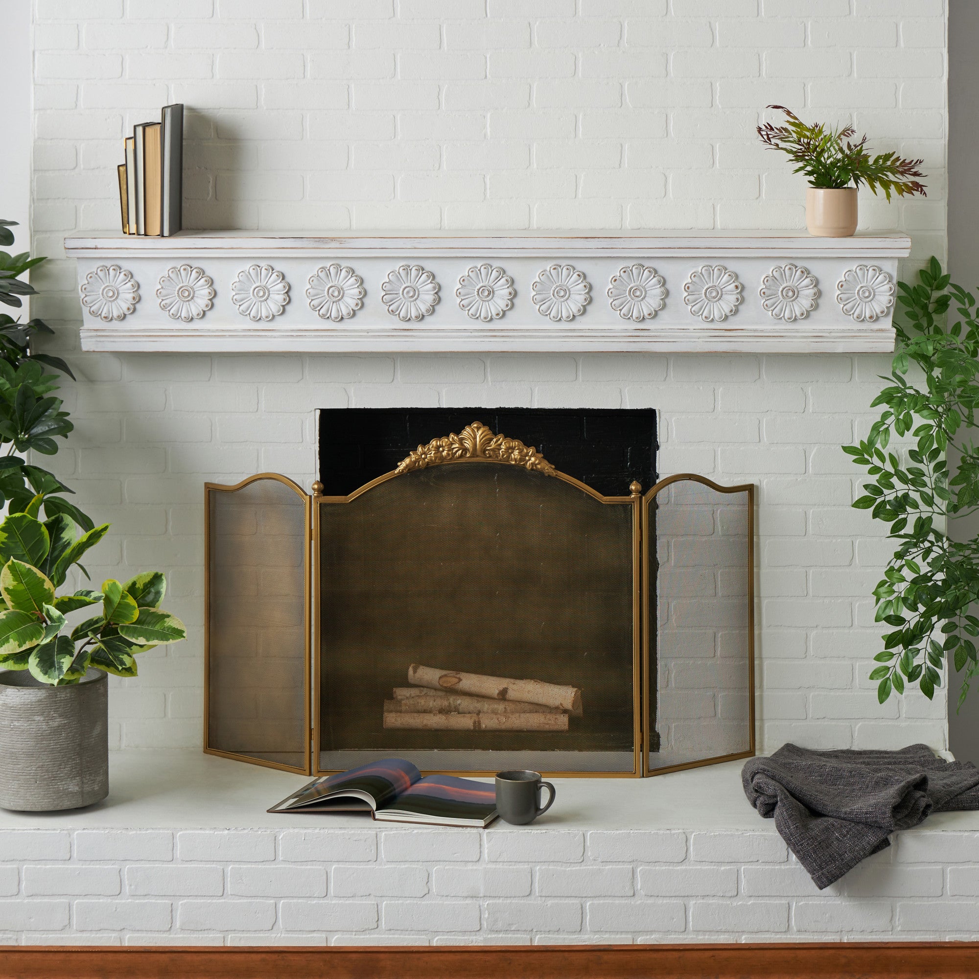 Floral White Wooden Room Wall Shelf with Brown Distressing