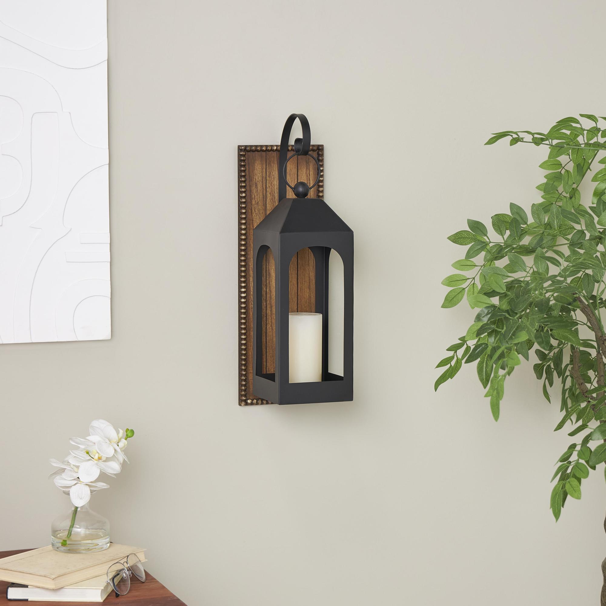 Abstract Black Metal Suspended Arched Cutout Indoor Outdoor Wall Sconce with Brown Wood Backing and Beaded Edge
