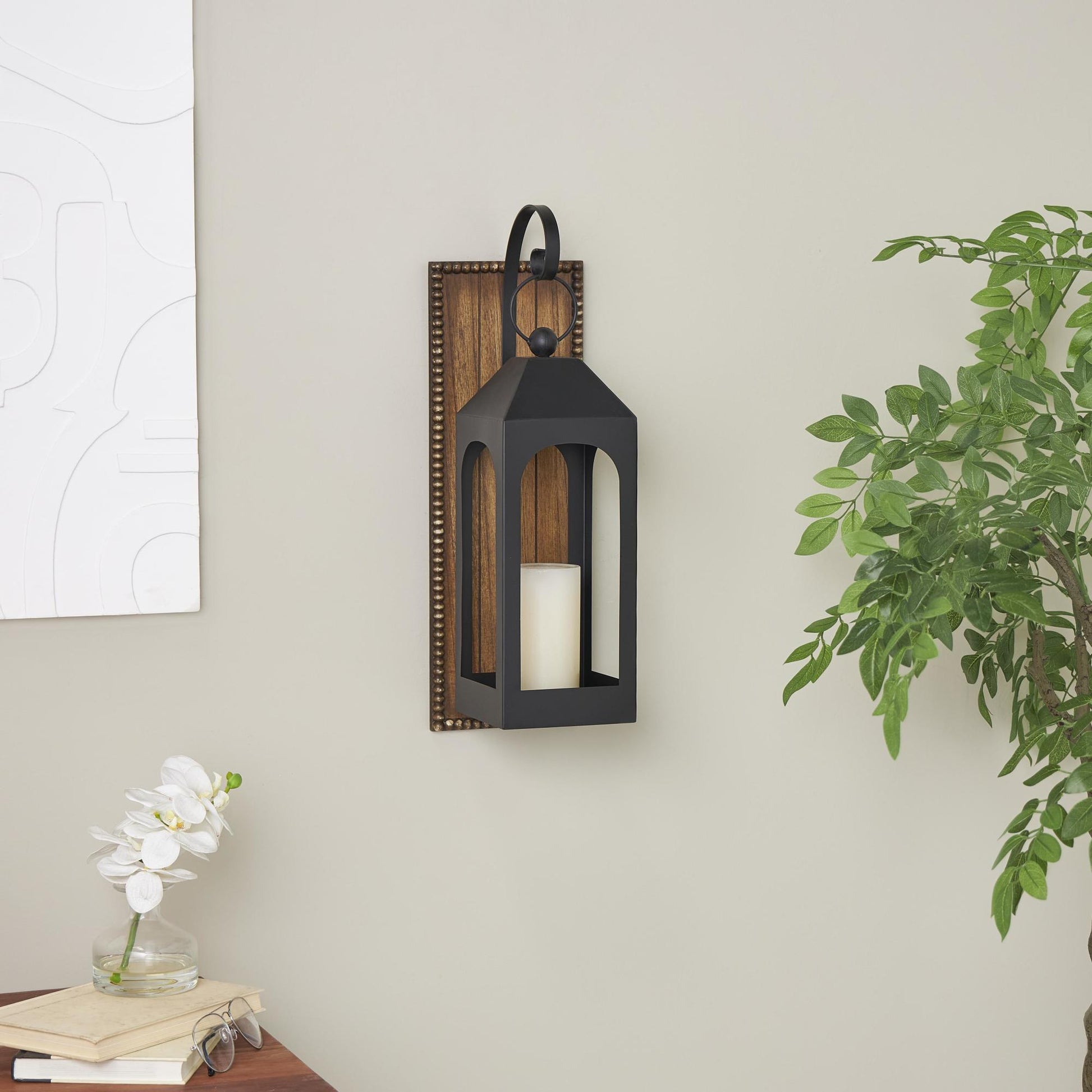 Abstract Black Metal Suspended Arched Cutout Indoor Outdoor Wall Sconce with Brown Wood Backing and Beaded Edge