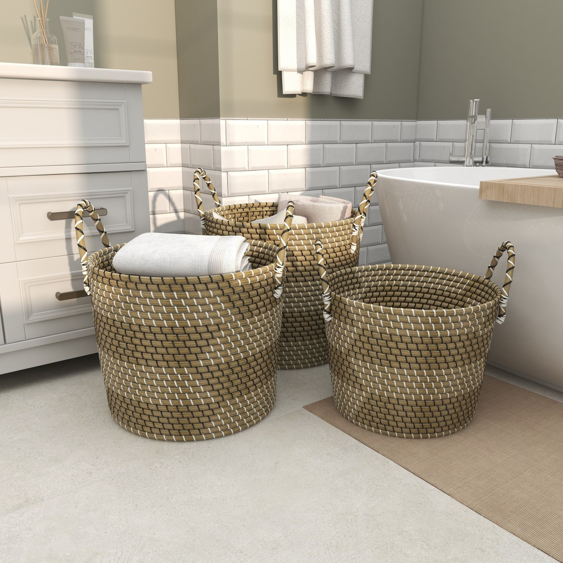 Set of 3 Beige Seagrass Handmade Woven Decorative and Functional Storage Basket with Black and White Zig Zag Pattern