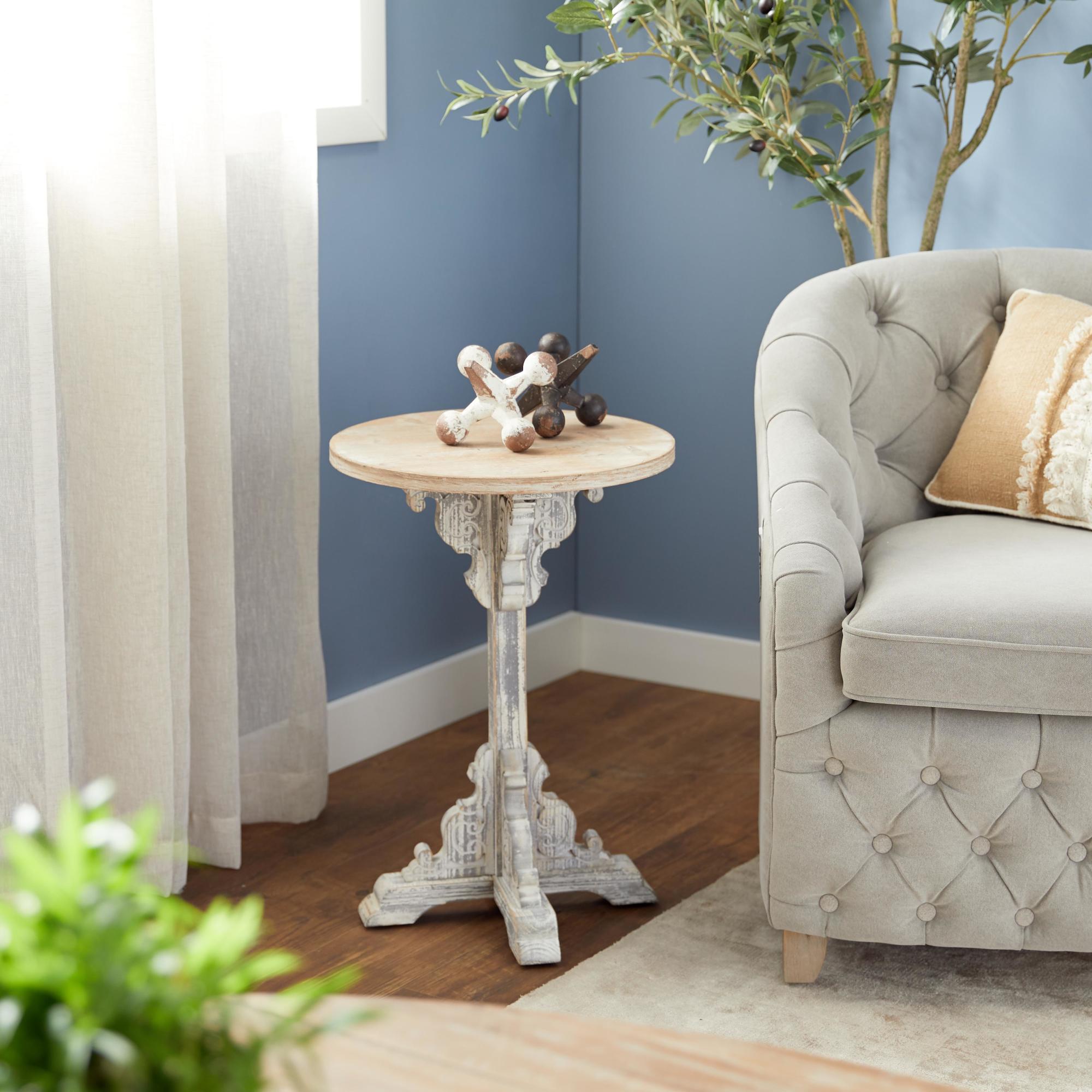 Scroll Wood Distressed Pedestal Side End Accent Table with Brown Wood Top 16" x 16" x 23"