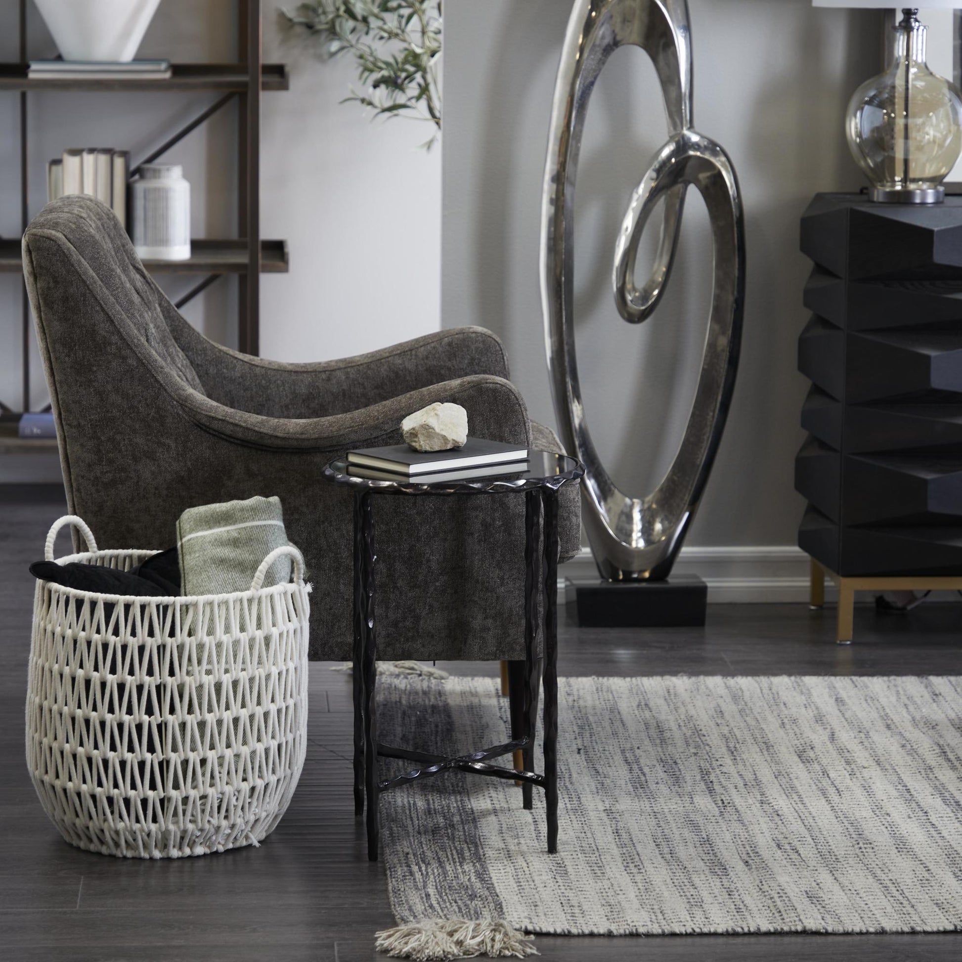 Aluminum Metal Side End Accent Table with Shaded Glass Top