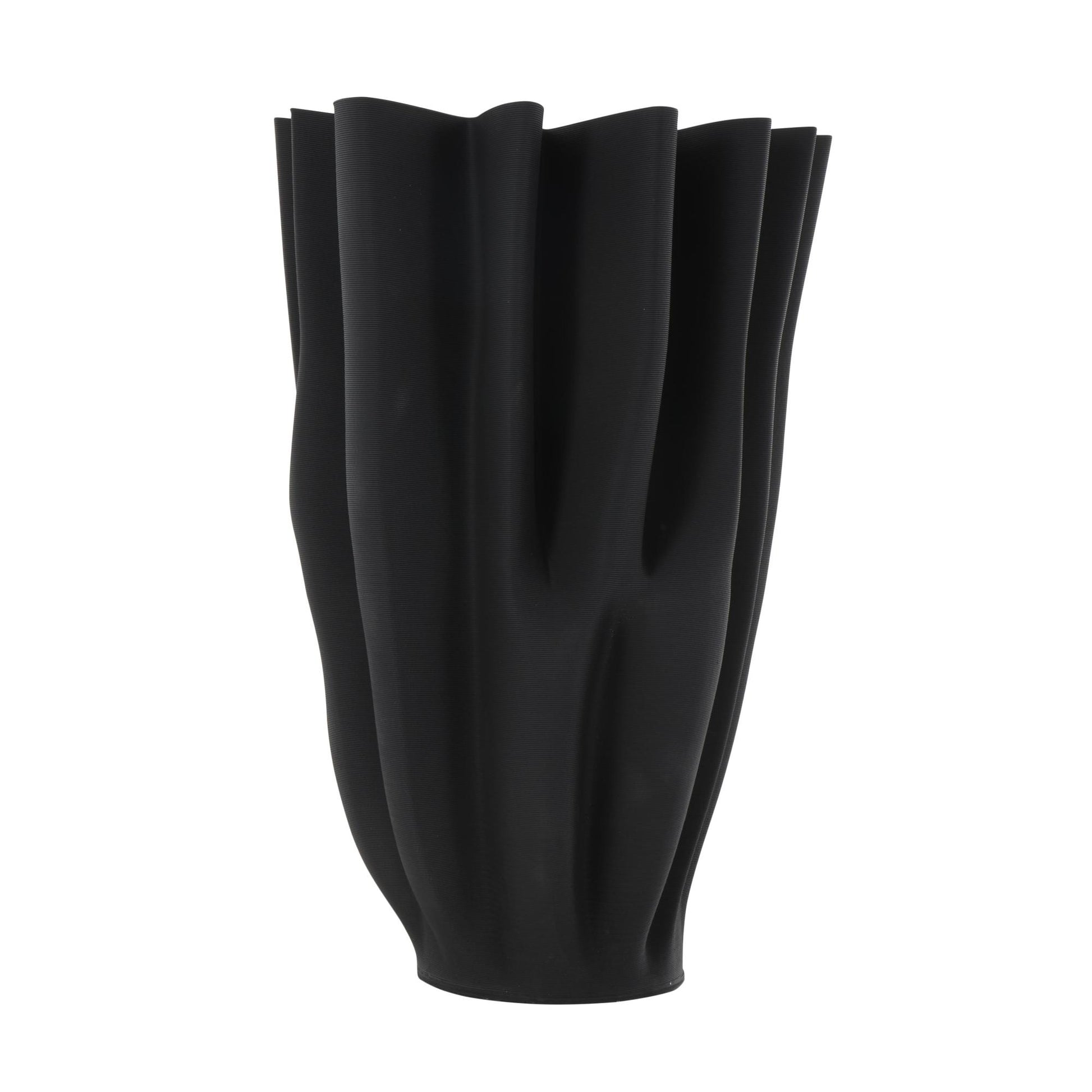 Abstract Black Ceramic Dimensional Ribbed Tulip Decorative Vase with Angular Rim