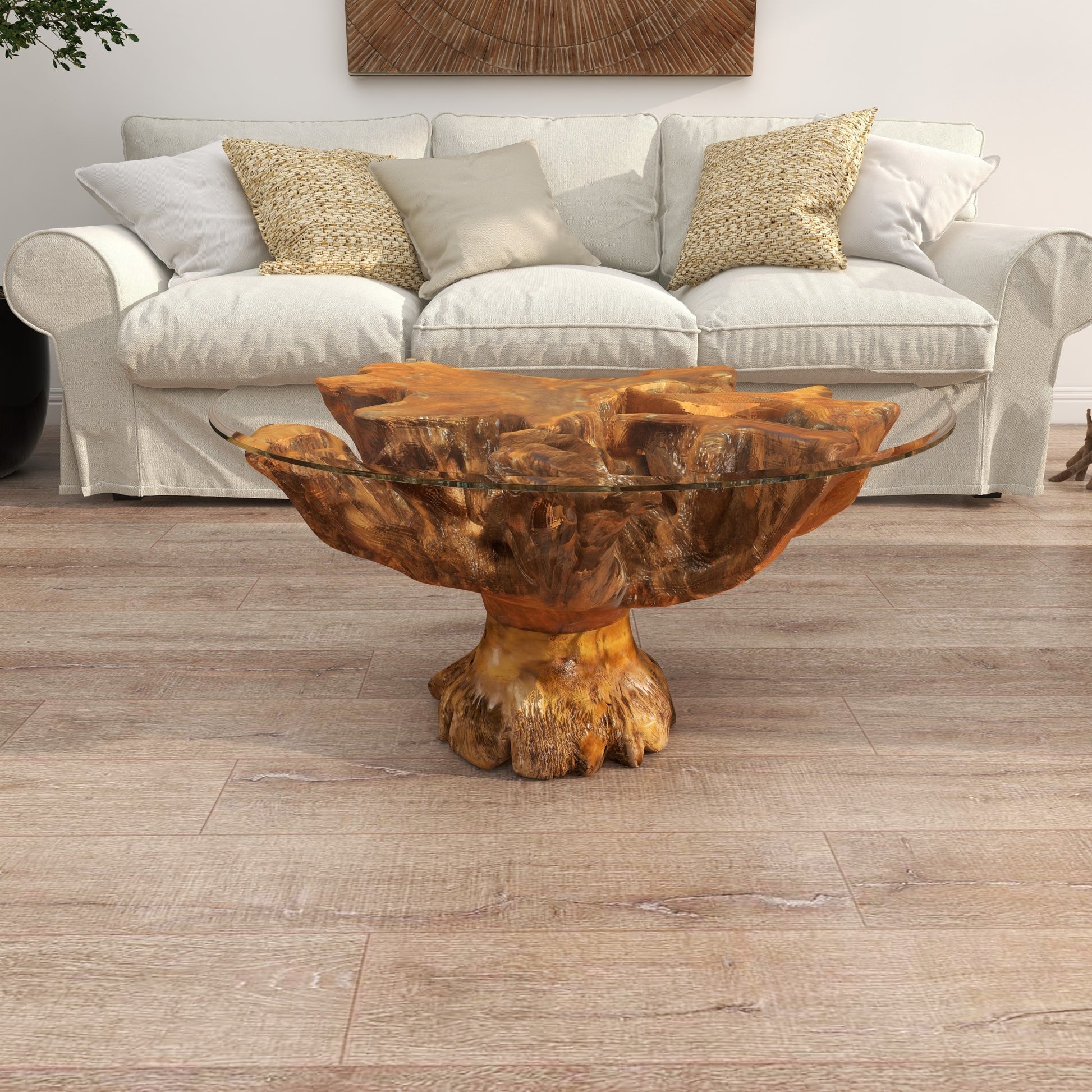 Brown Teak Wood Handmade Live Edge Tree Stump Living Room Coffee Table with Clear Glass Top