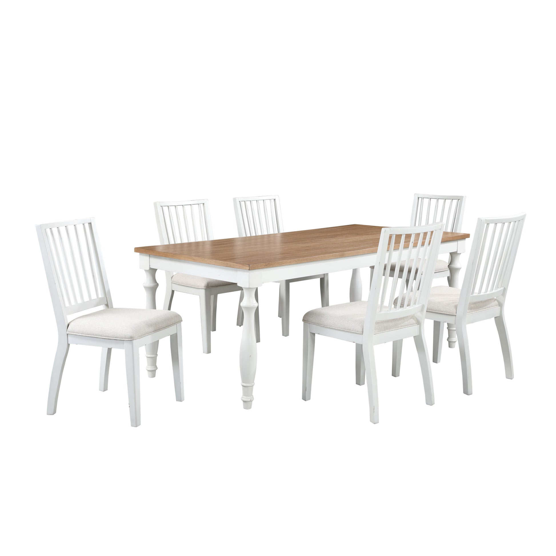 Brown Wood Slatted Kitchen Dining Table with White Turned Table Legs