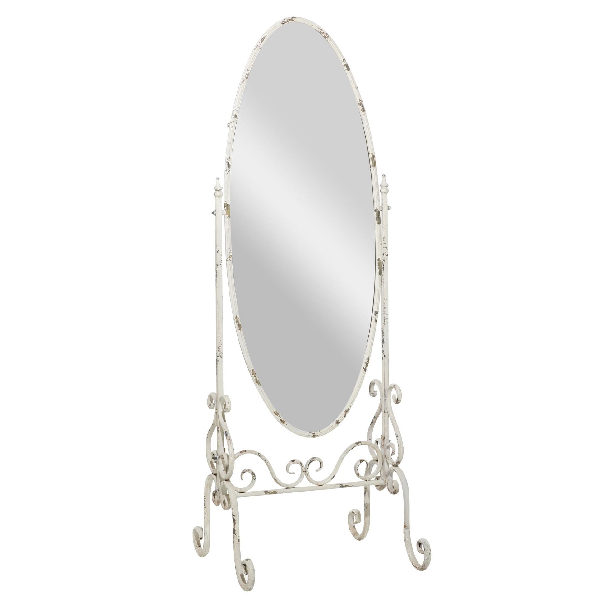 Scroll White Metal Oval Room Floor Mirror with Stand