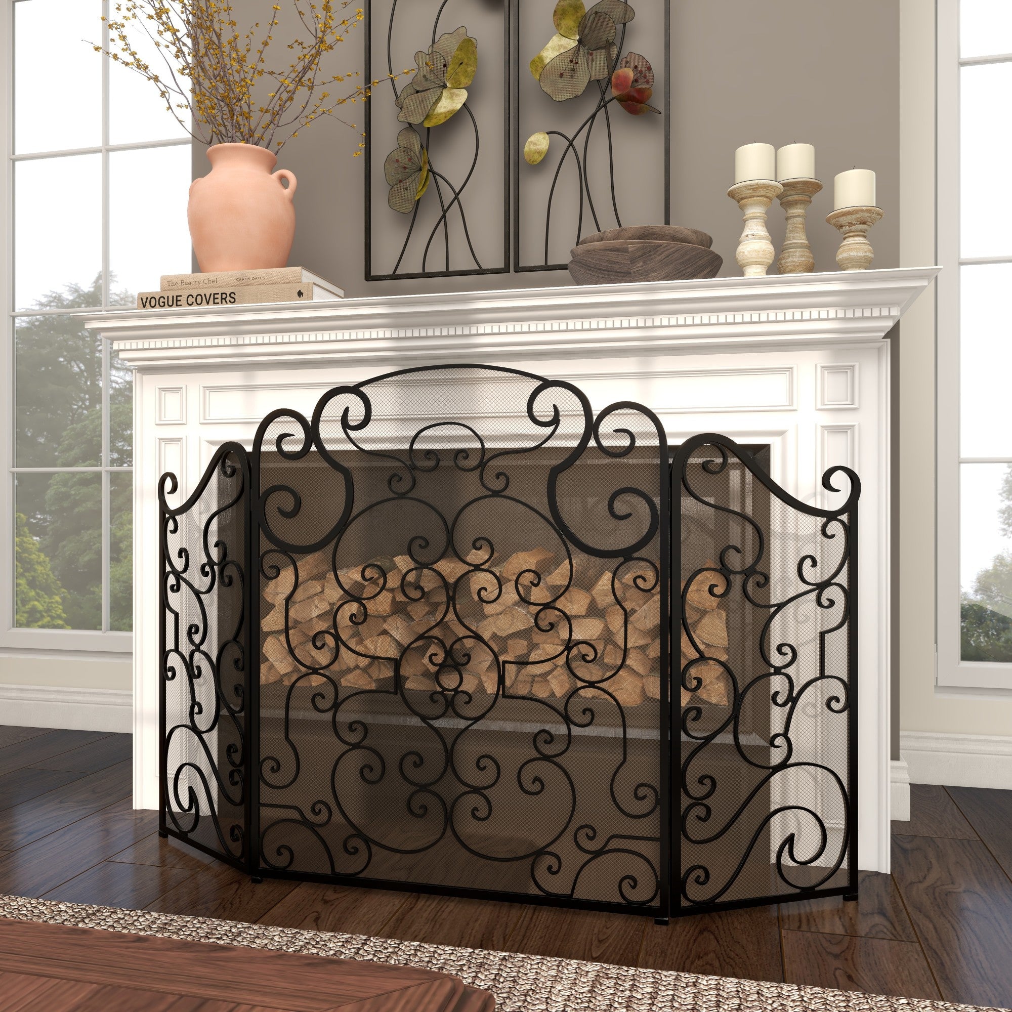 Scroll Black Metal Foldable Mesh Netting 3 Panel Living Room Fireplace Screen