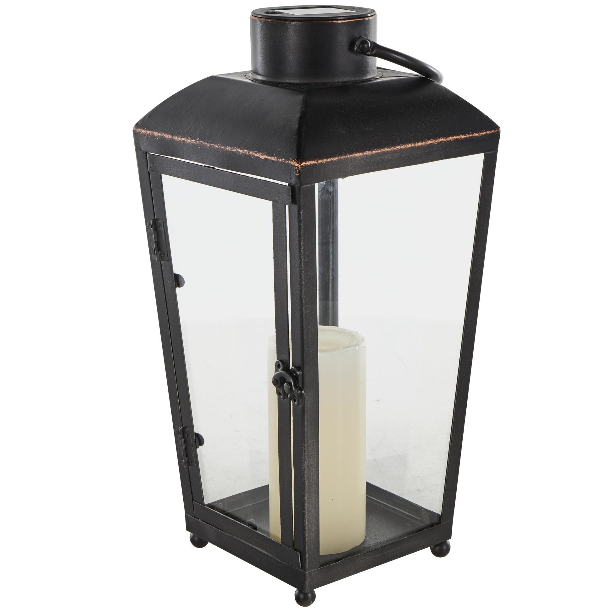 Black Metal Modern Indoor Outdoor Candle Lantern with Gold Accents