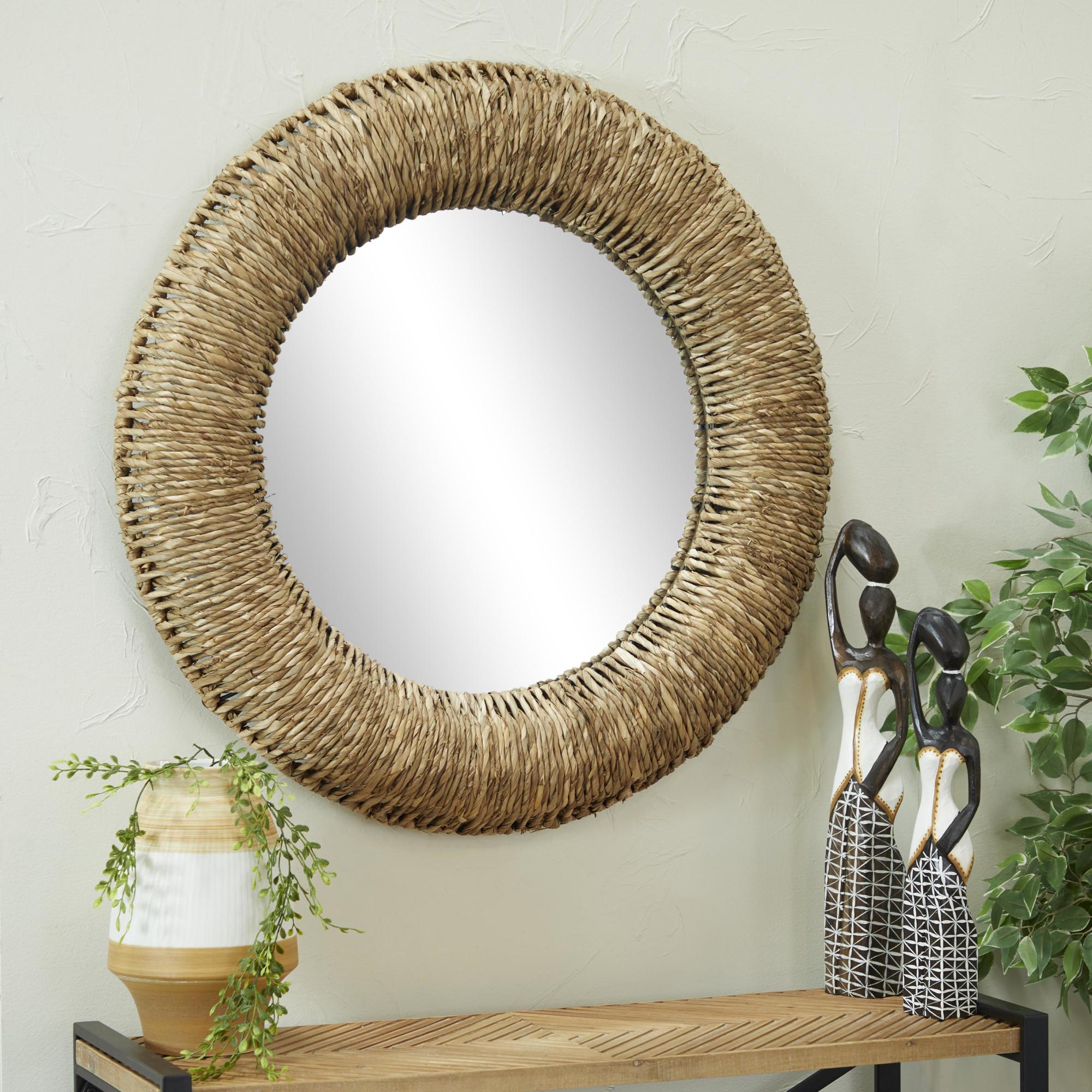 Tribal Brown Rattan Coiled Weaved Frame Room Wall Mirror
