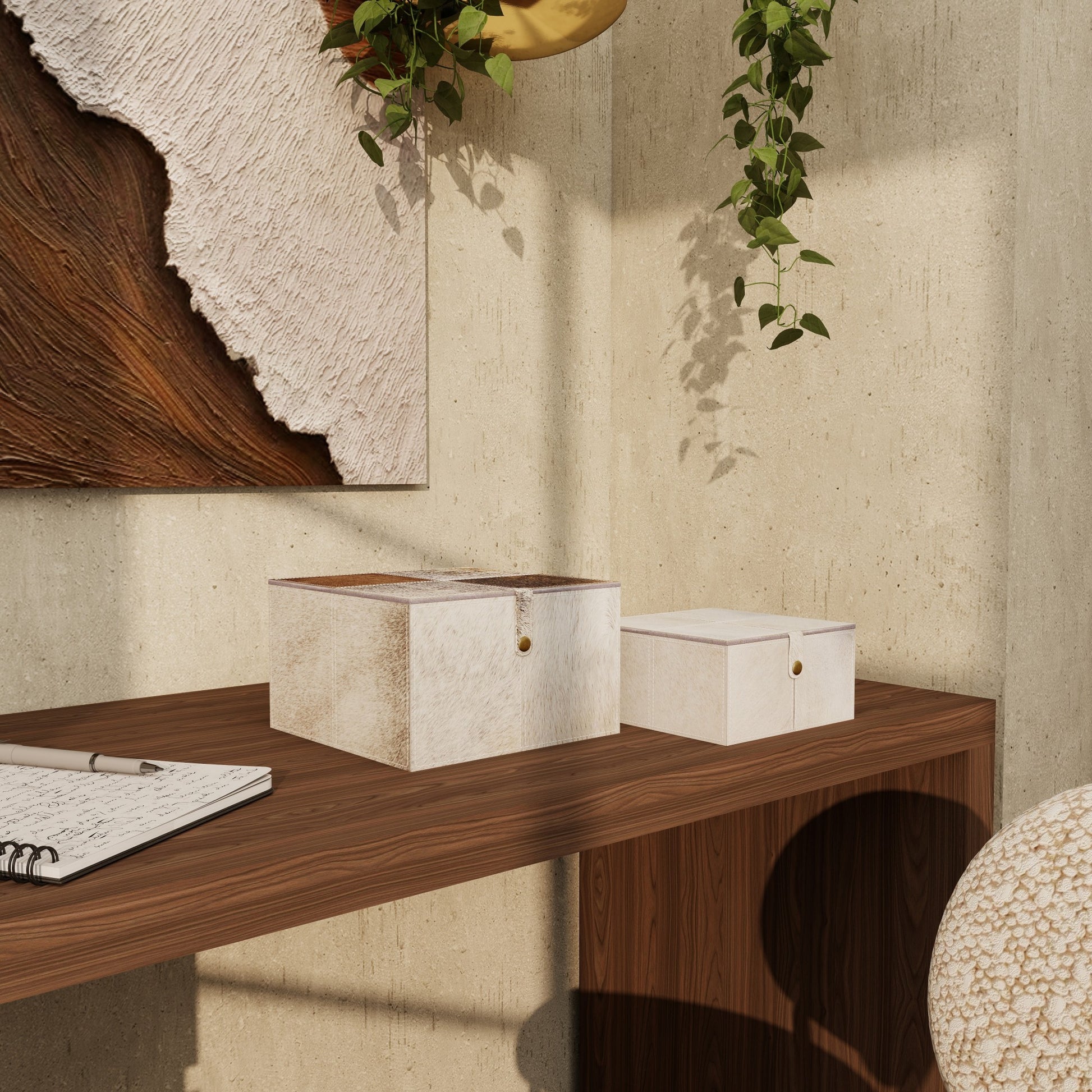 Set of 2 Leather Handmade Storage Decorative Box with Snap Front Closure and Detailed Stitching