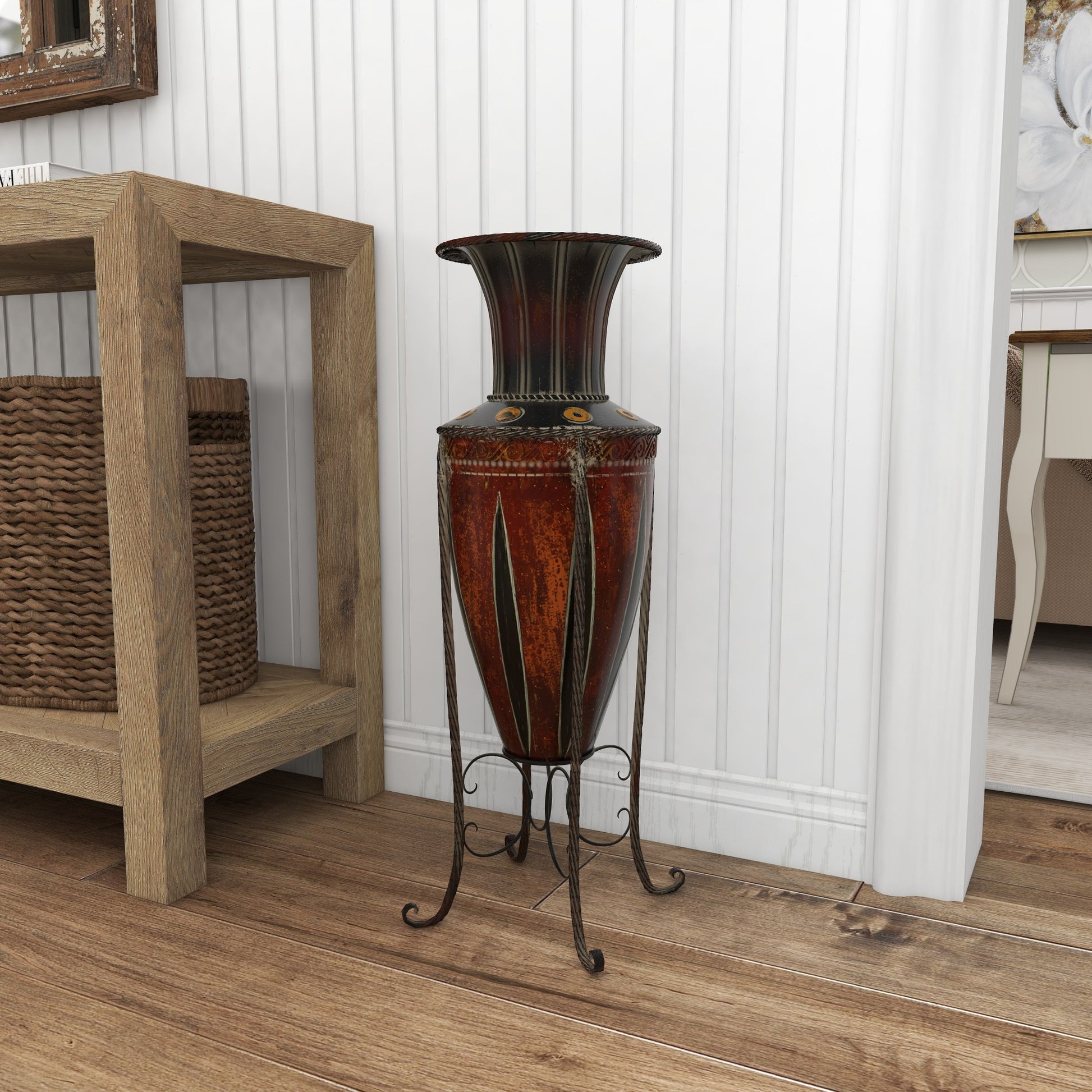 Scroll Brown Metal Tall Decorative Vase with Attached Metal Stand and Intricate Design
