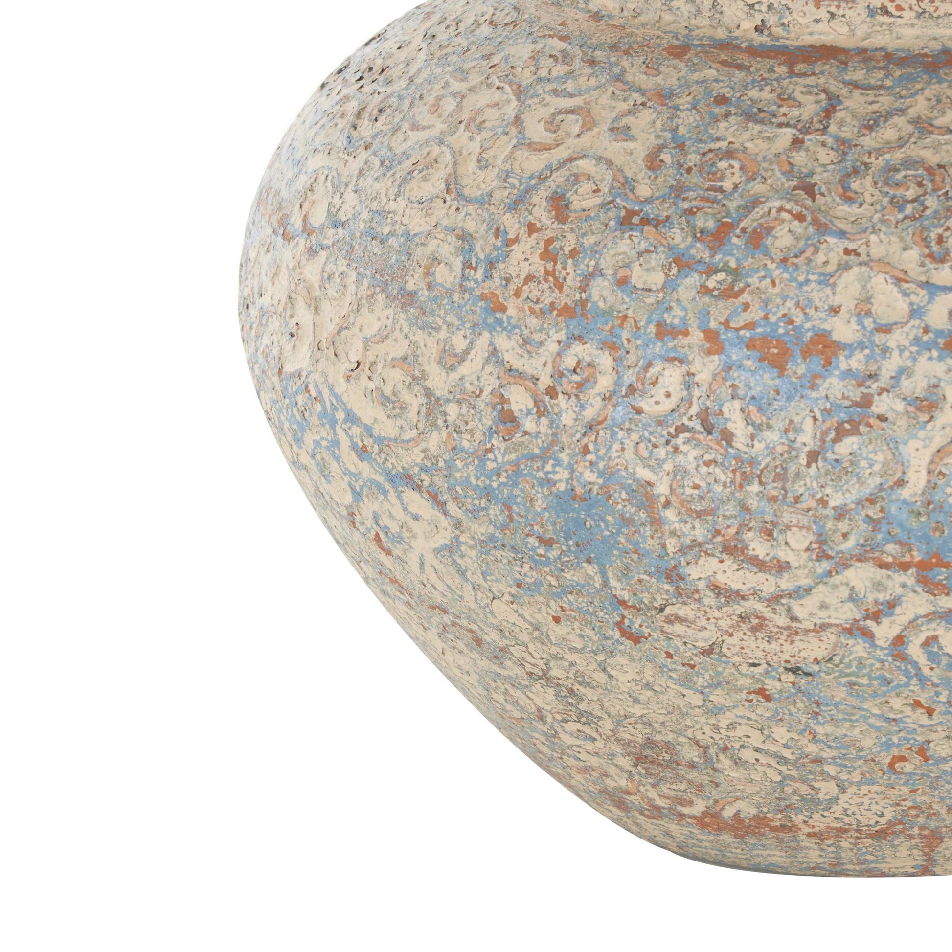 Scroll Beige Ceramic Handmade Antique Style Wide Rounded Decorative Vase with Blue and Copper Accents