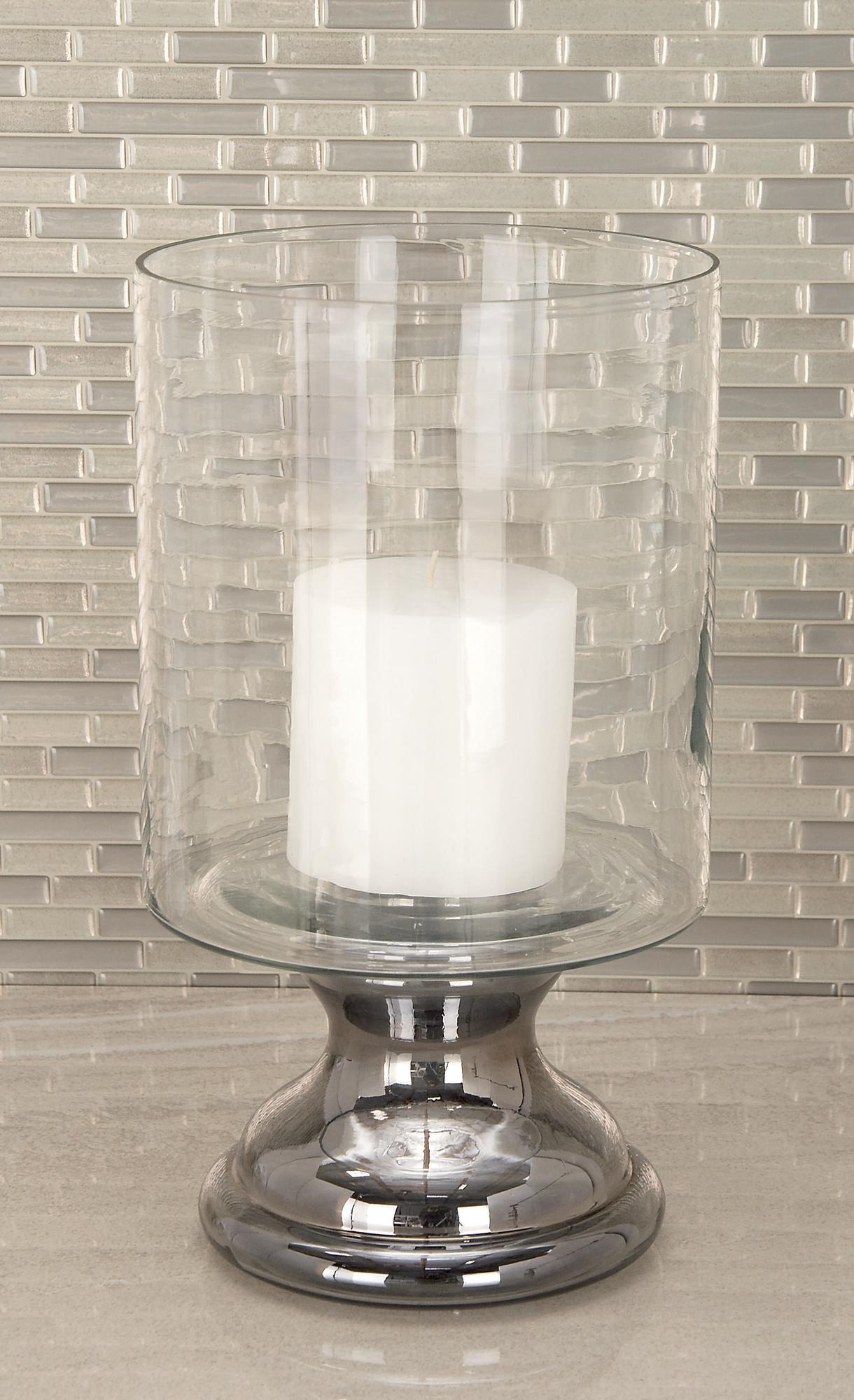 Silver Glass Handmade Turned Style Pillar Room Hurricane Lamp with Smoked Glass Finish