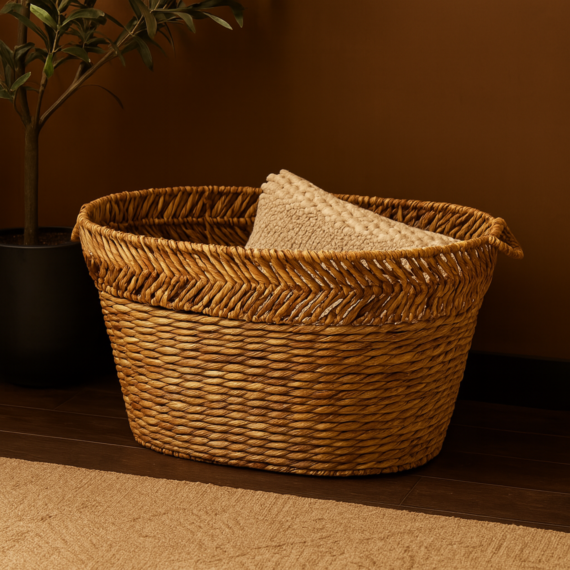Brown Seagrass Handmade Large Woven Oval Decorative and Functional Storage Basket with Zig Zag Patterned Rim