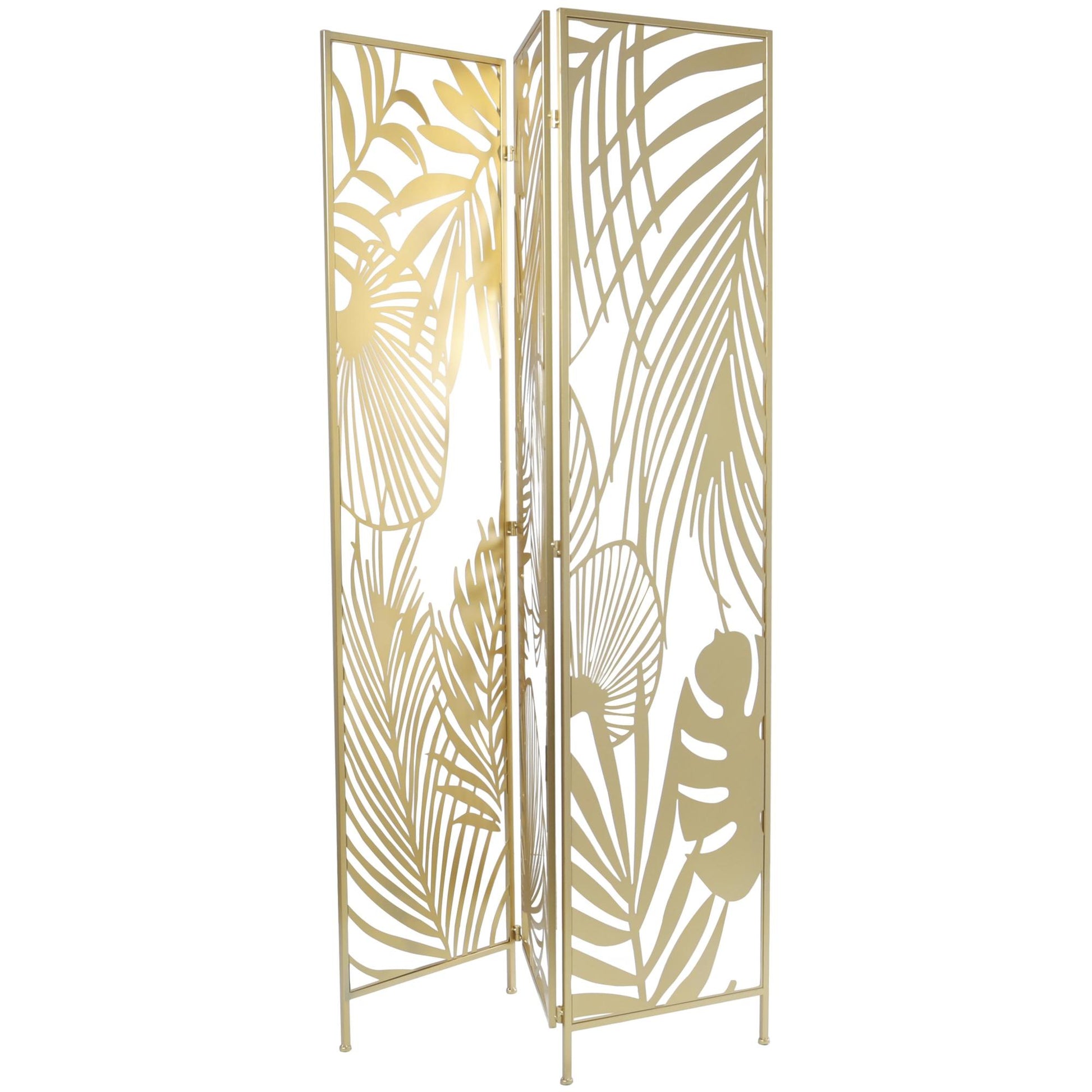 Leaf Gold Metal Foldable Partition Cutout Palm Leaf 3 Panel Partition Room Divider Screen