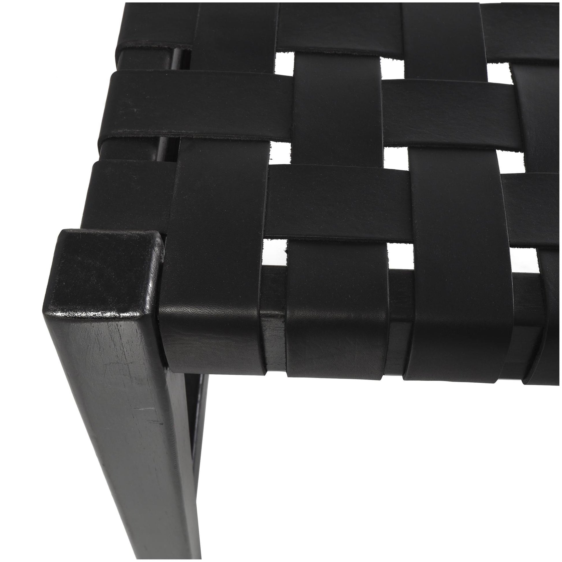 Black Leather Handmade Woven Home Bench with Teak Wood Frame