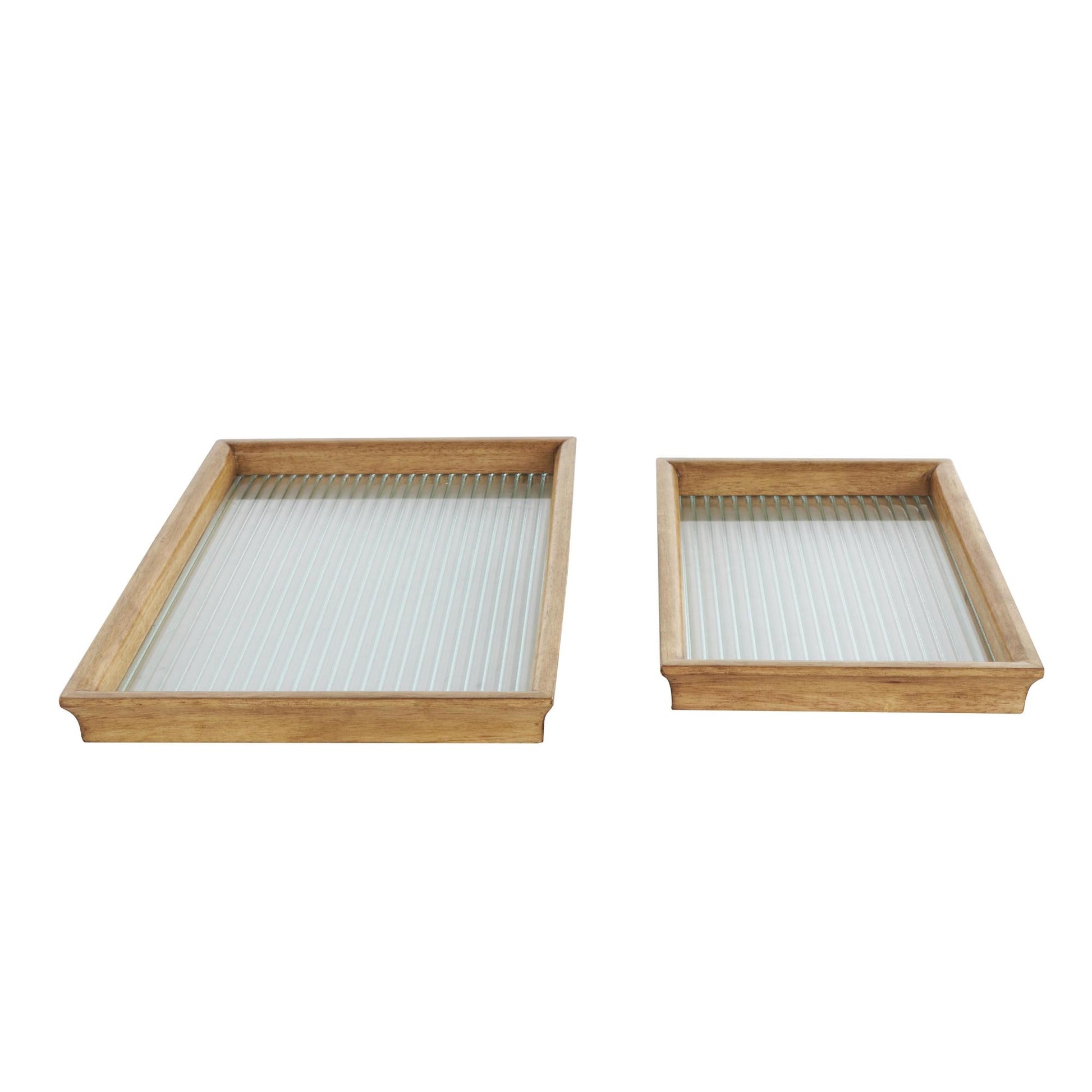 Set of 2 Brown Wood Nesting Living Room Decor Tray with Fluted Glass Bases