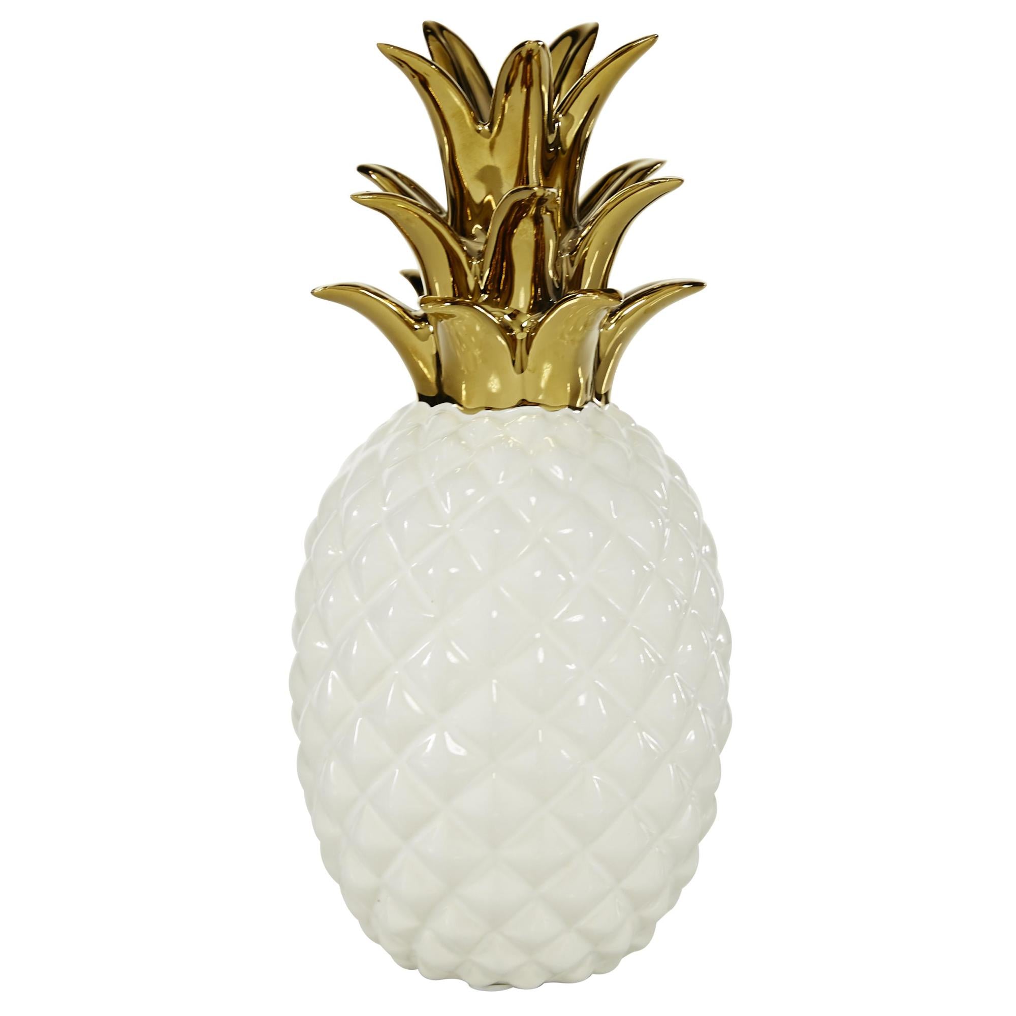 CosmoLiving by Cosmopolitan Fruit White Porcelain Ceramic Faceted Pineapple Decorative Sculpture with Gold Leaves