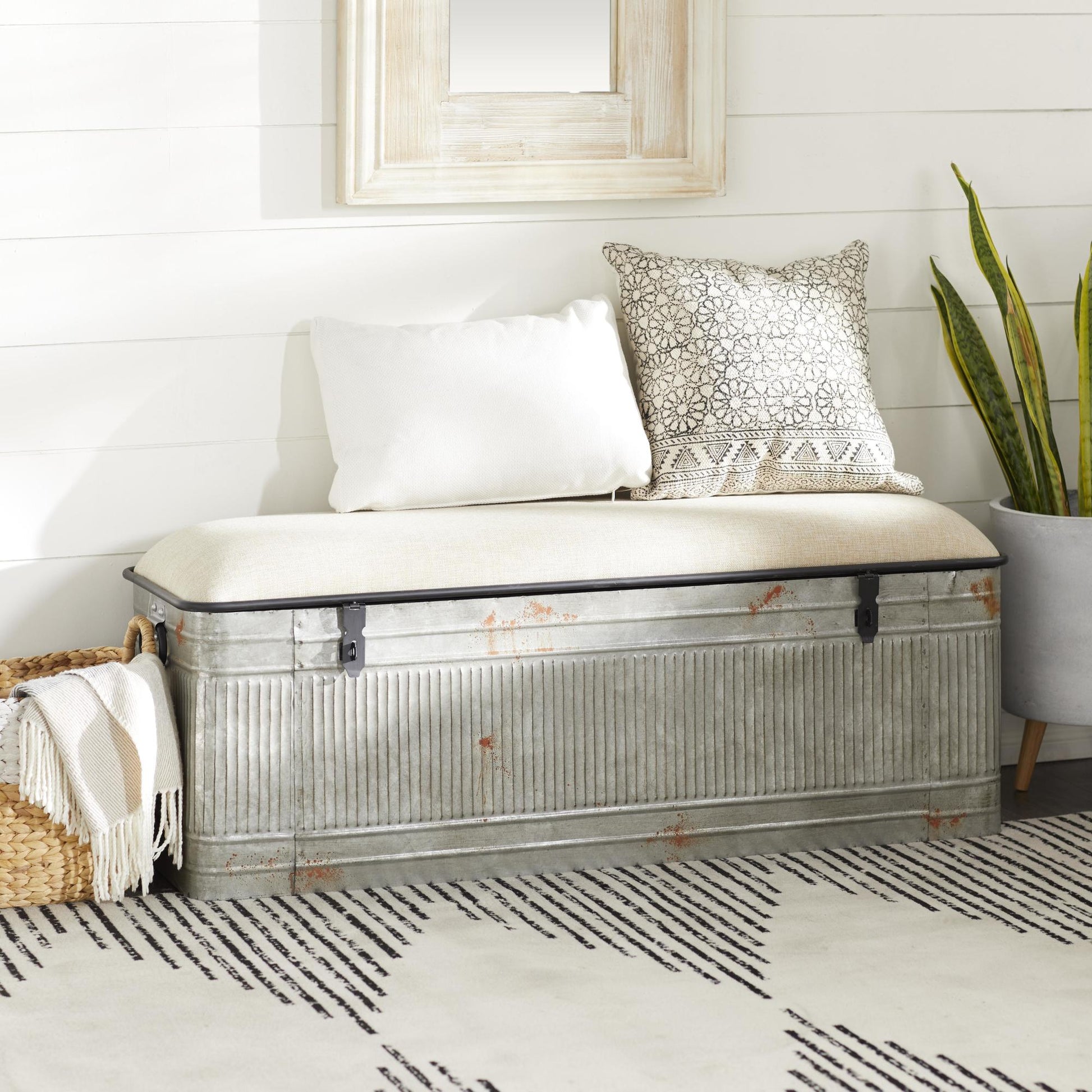 Gray Metal Galvanized Room Storage Bench with Cream Burlap Top and Black Latches