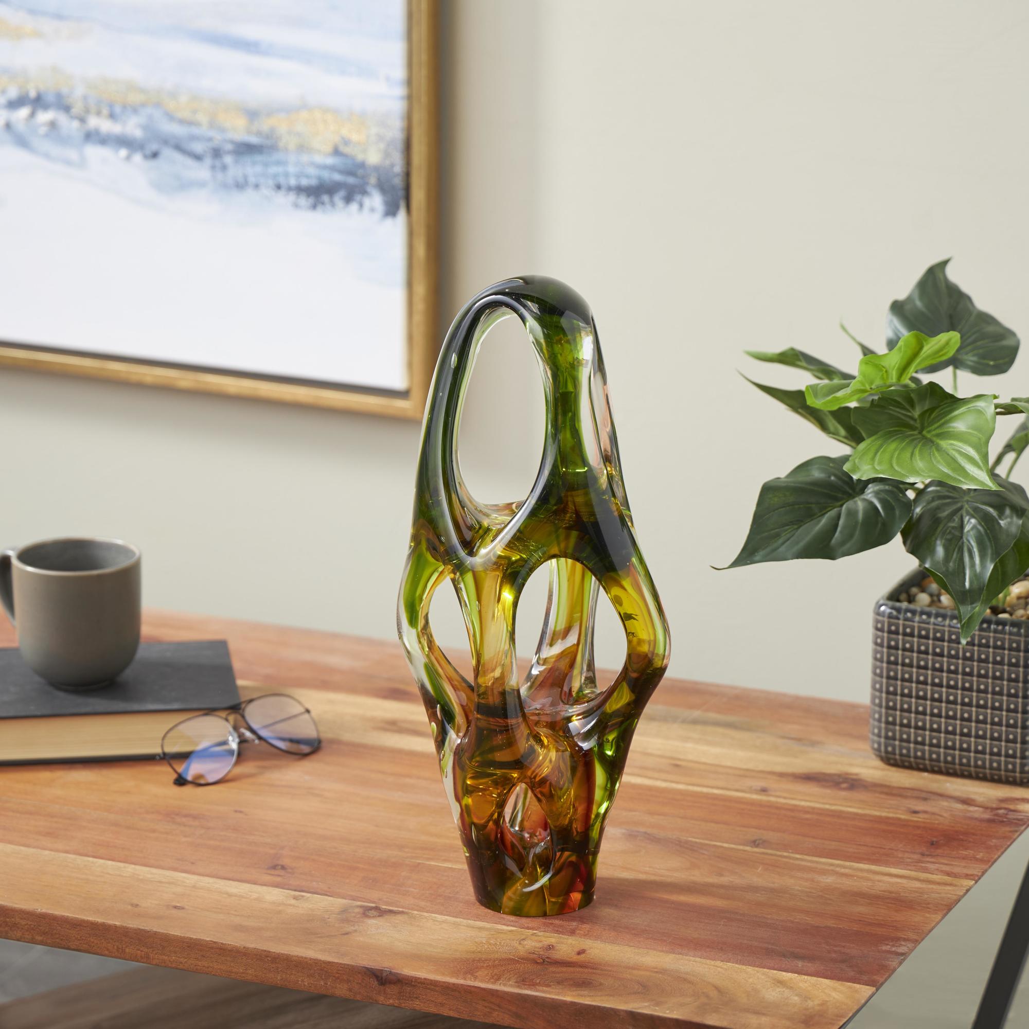 Abstract Green Glass Ombre Cutout Decorative Sculpture with Amber Accents