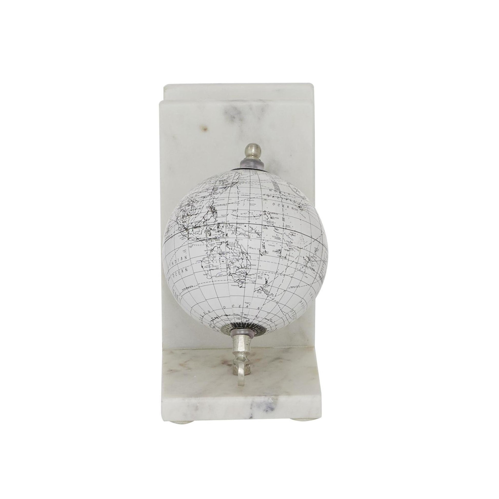 Set of 2 Globe White Marble Decorative Bookends with Silver Metal Accents