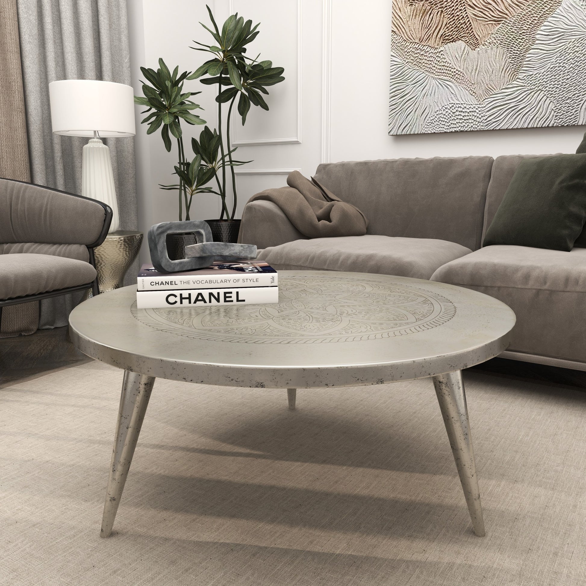 Floral Silver Aluminum Metal Engraved Living Room Coffee Table with Tripod Legs