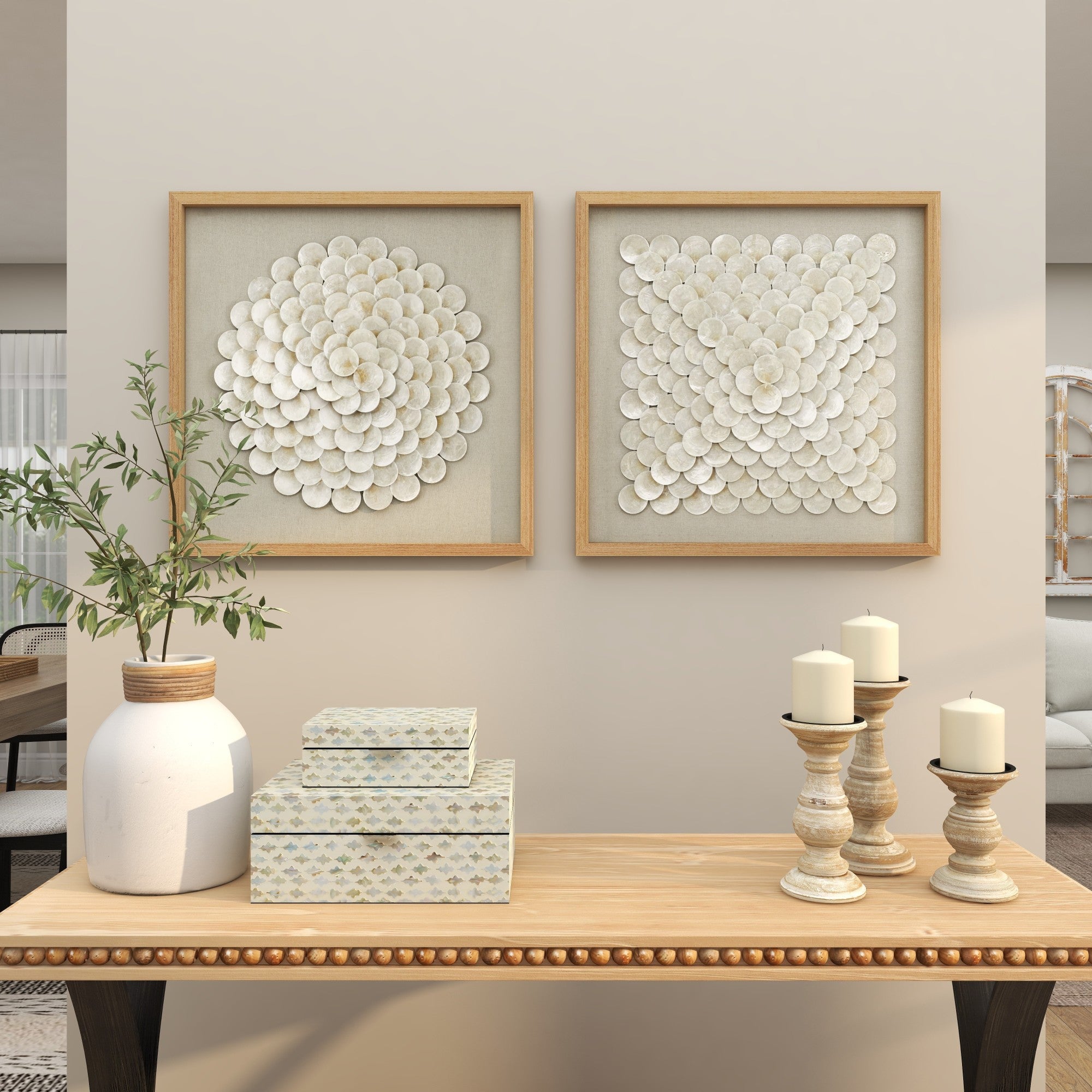 Set of 2 Geometric Cream Shell Handmade Overlapping Shells Home Shadow Box with Canvas Backing