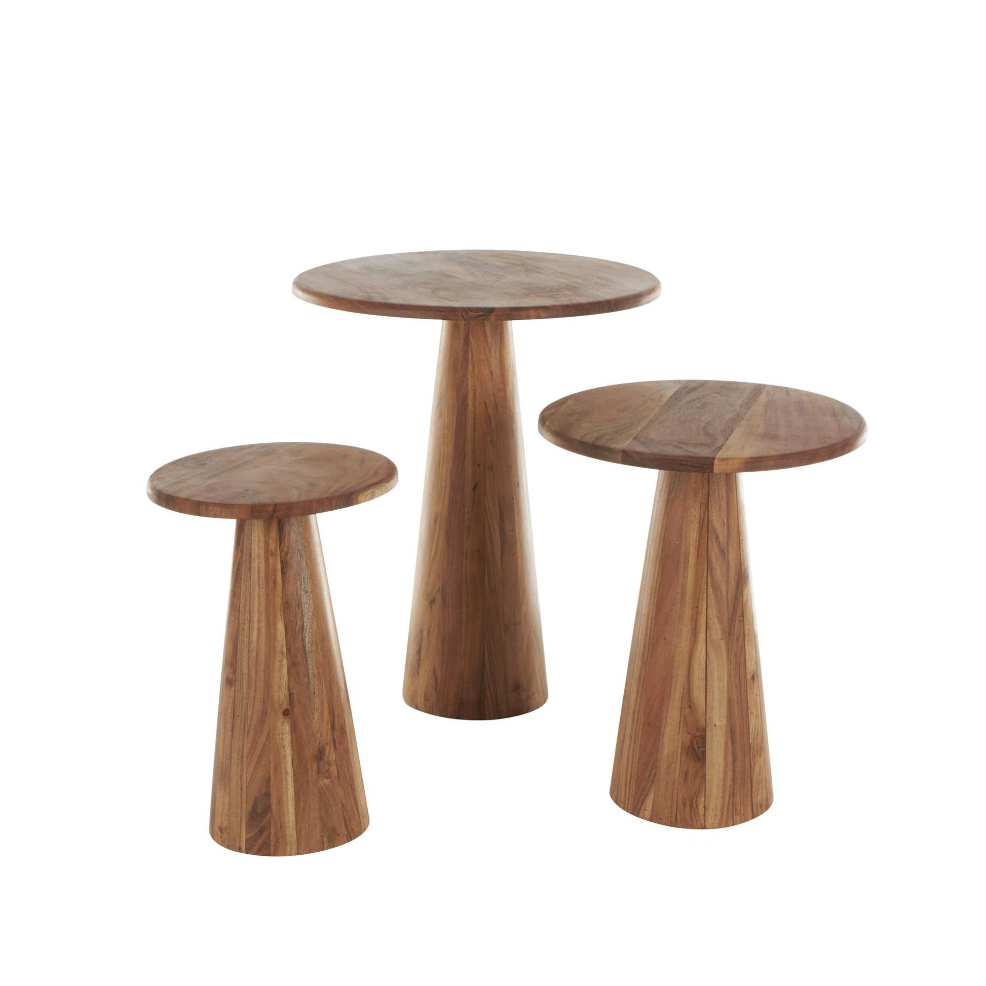 Set of 3 Wood Side End Accent Table with Natural Wood Grains and Cone Shaped Bases