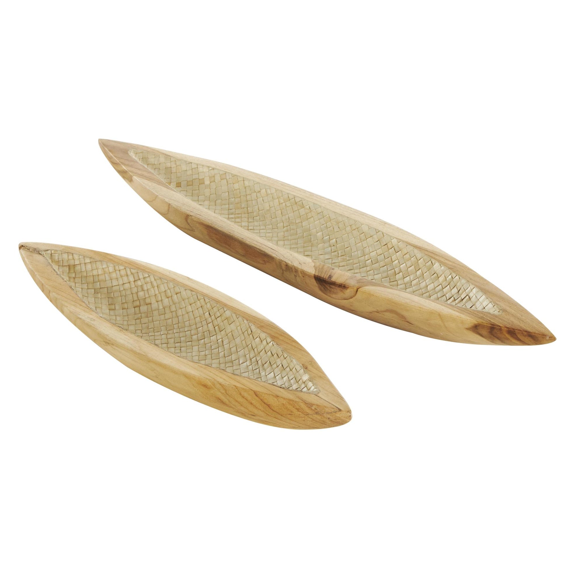 Set of 2 Boat Brown Teak Wood Handmade Carved Living Room Decor Tray with Woven Palm Leaf Interior