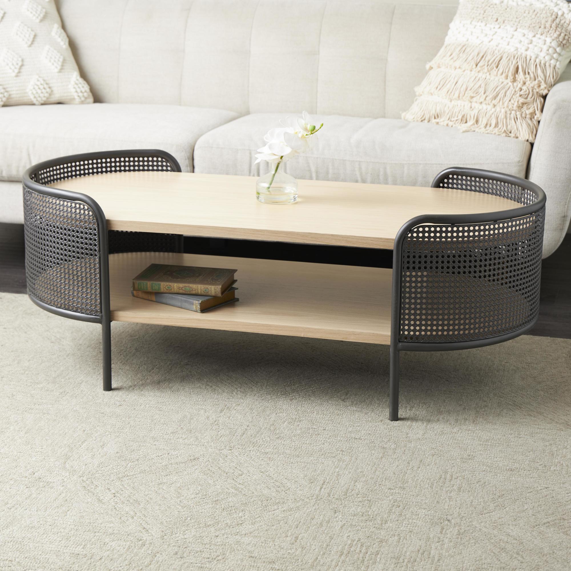 Light Brown Wooden Oval Two-Toned Living Room Coffee Table with Mesh Side Panels and Brown Wood Tabletop