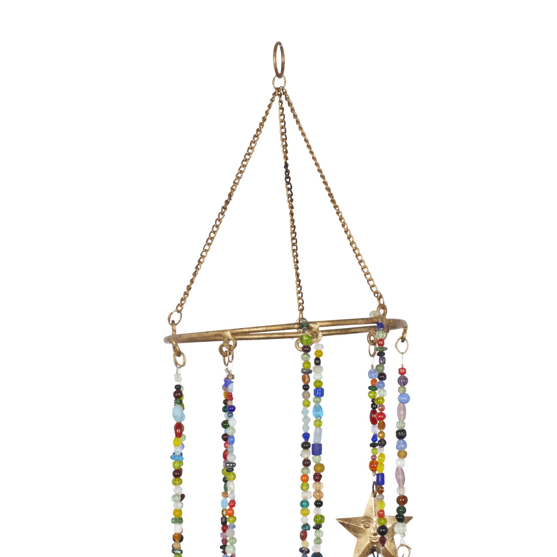 Sun and Star Gold Metal Handmade Indoor Outdoor Windchime with Glass Beads and Cone Bells