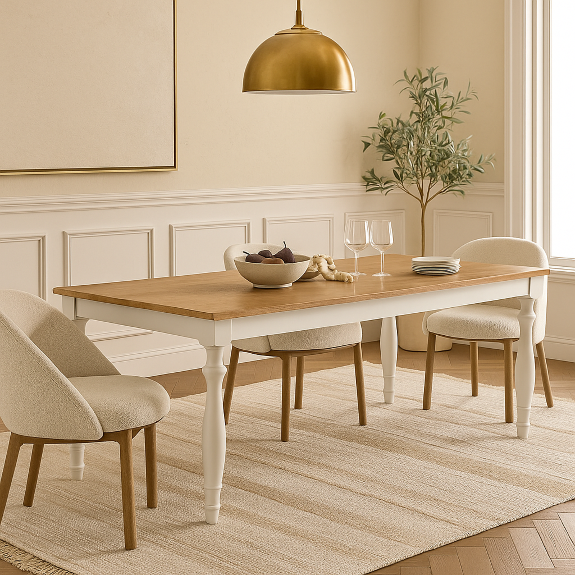 Brown Wood Slatted Kitchen Dining Table with White Turned Table Legs