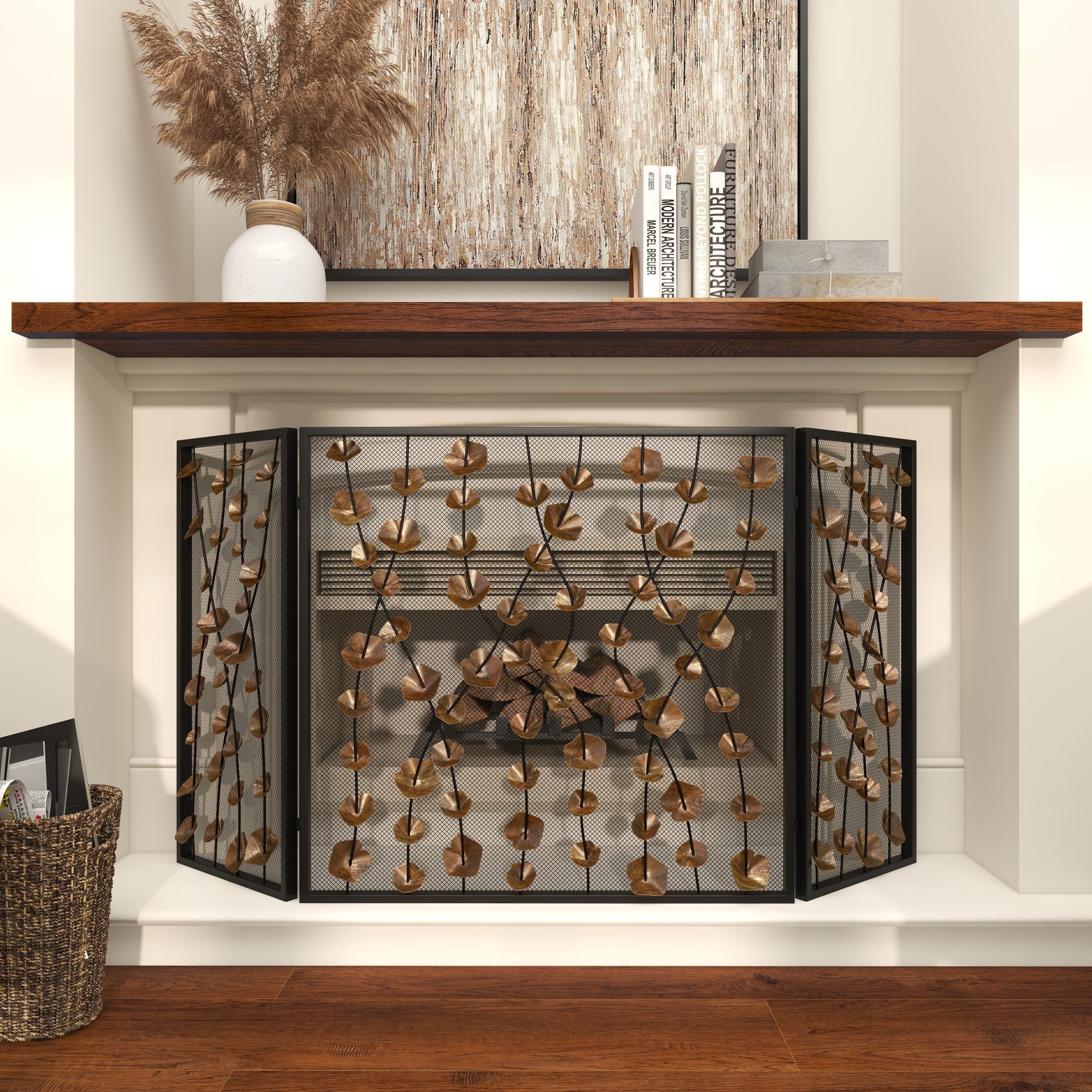 Floral Gold Metal Foldable Mesh Netting 3 Panel Living Room Fireplace Screen with 3D Floral on Vines