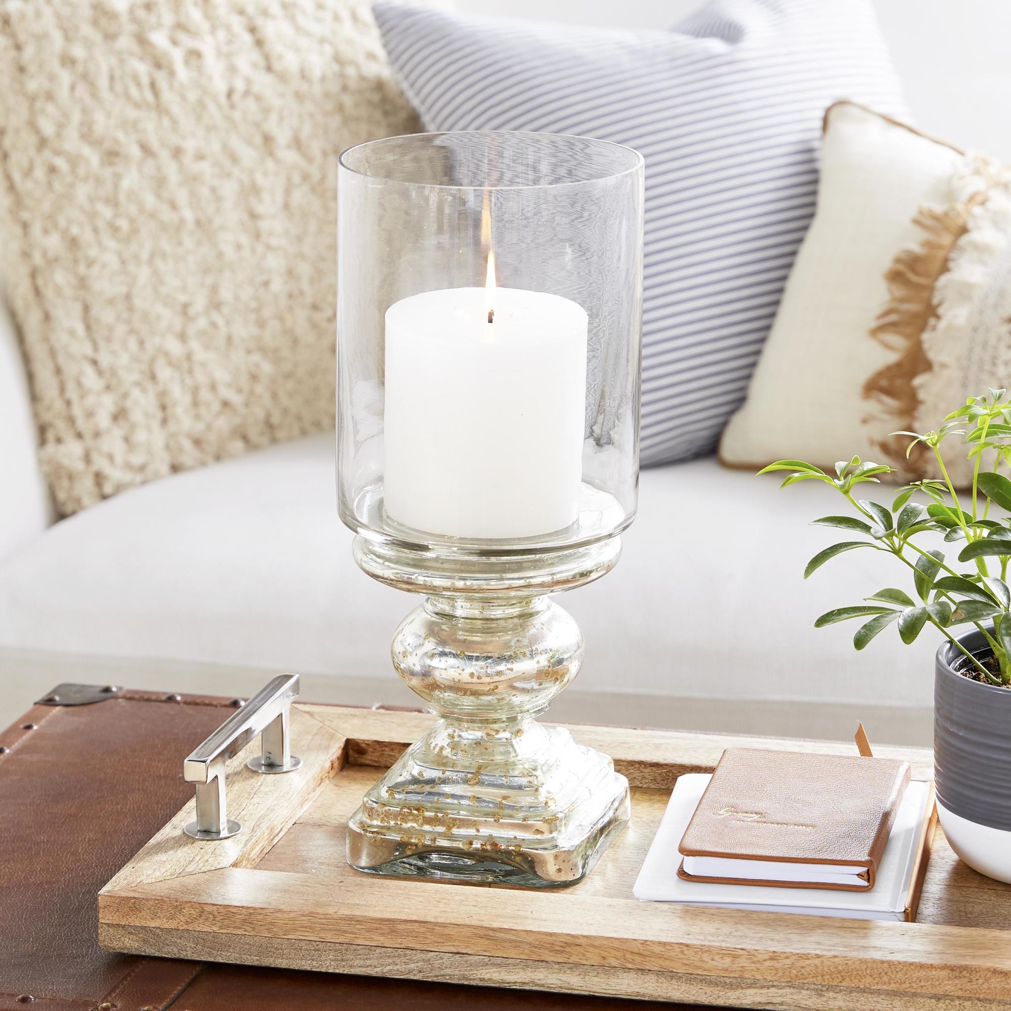 Silver Glass Handmade Turned Style Pillar Room Hurricane Lamp with Faux Mercury Glass Finish