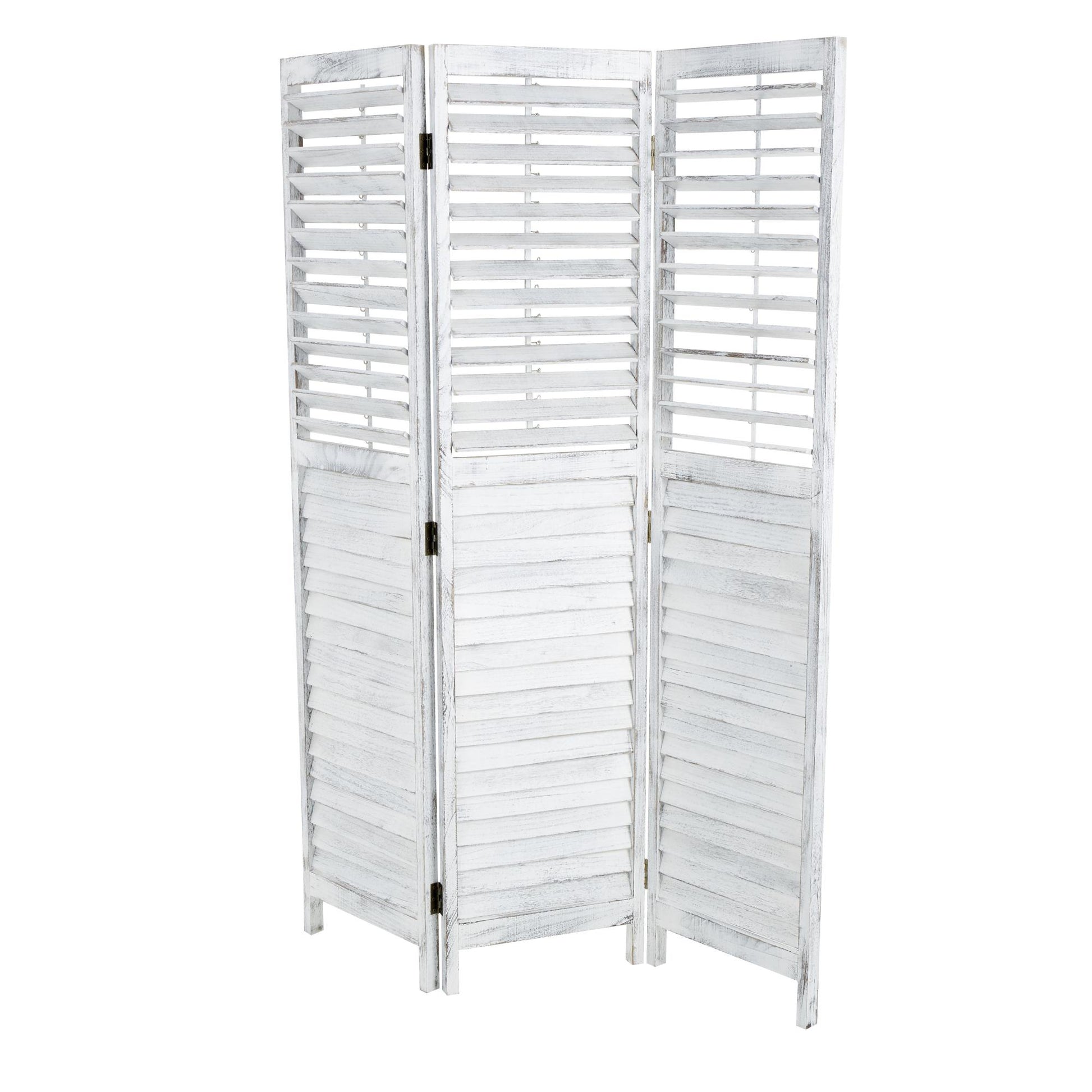 White Wood Washed Shutter Top 3 Panel Partition Room Divider Screen with Gray Distressing