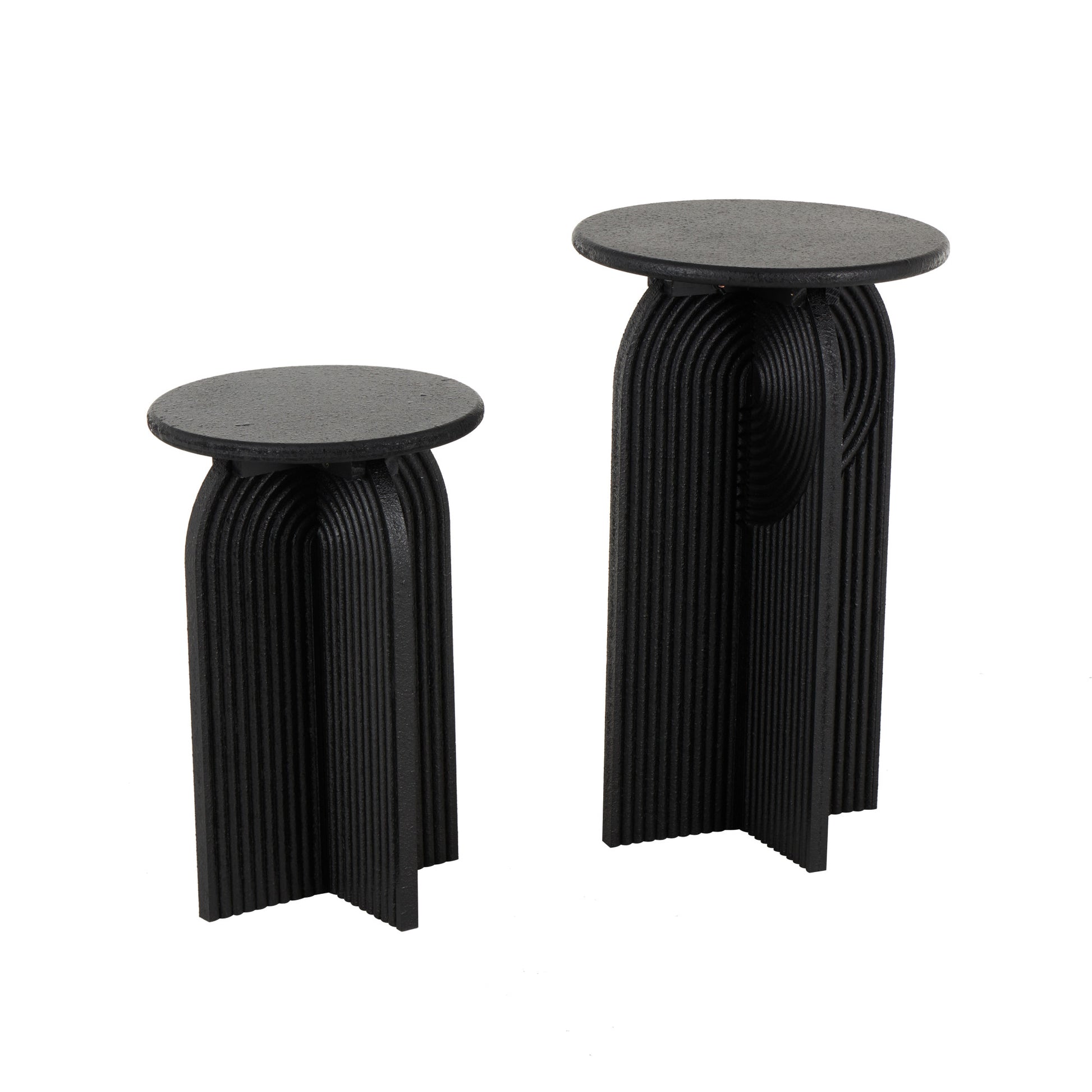 Set of 2 Geometric Black Wood Sandstone Carved Art Deco Arched Pedestal Side End Accent Table