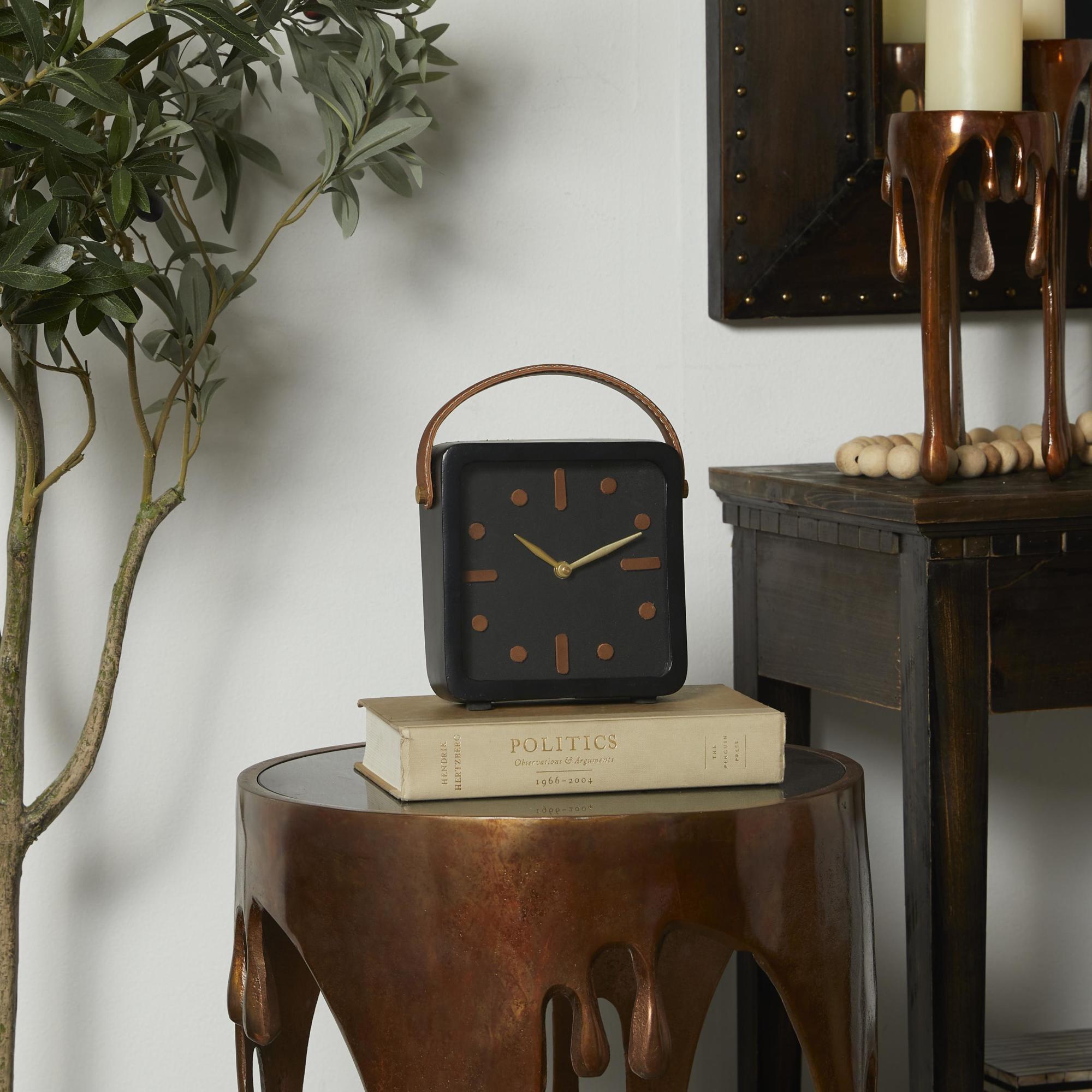 Black Metal Small Decorative Clock with Leather Handle and Hour Markers
