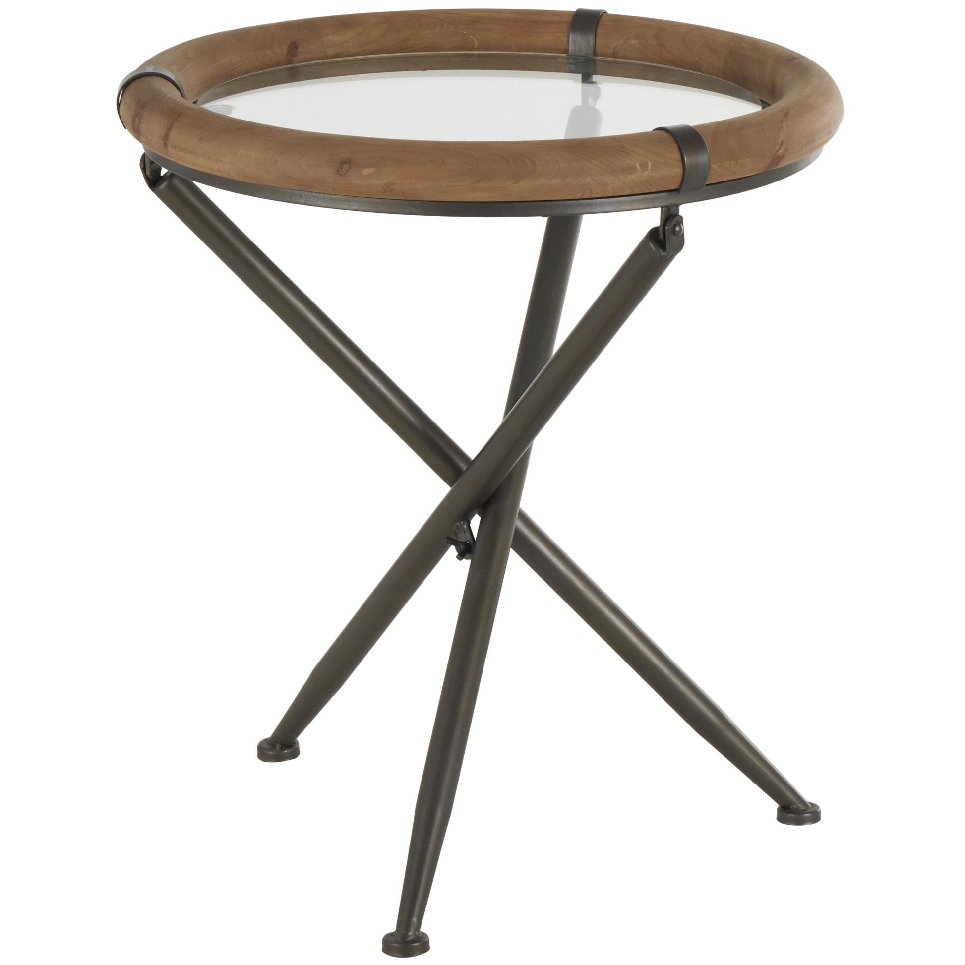 Brass Metal Round Side End Accent Table with Brown Wooden Framed Glass Tabletop