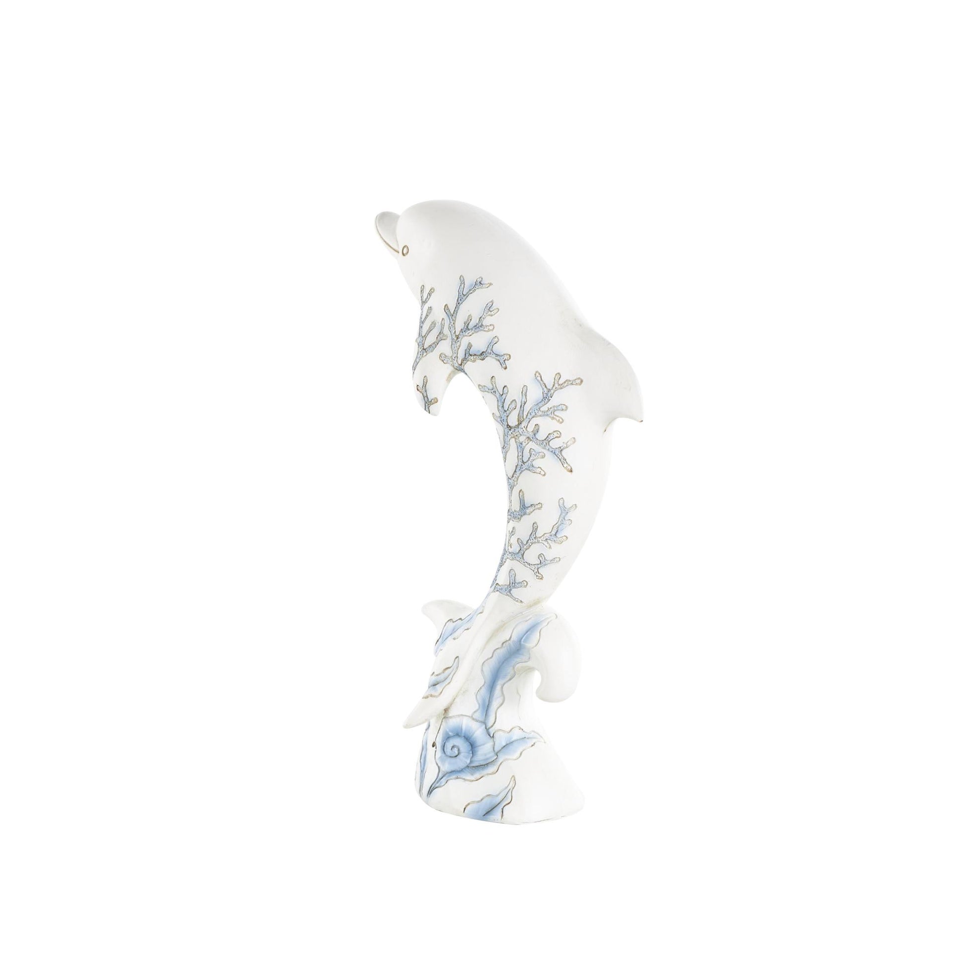 Dolphin White Polystone Curved Decorative Sculpture with Blue Coral Patterns