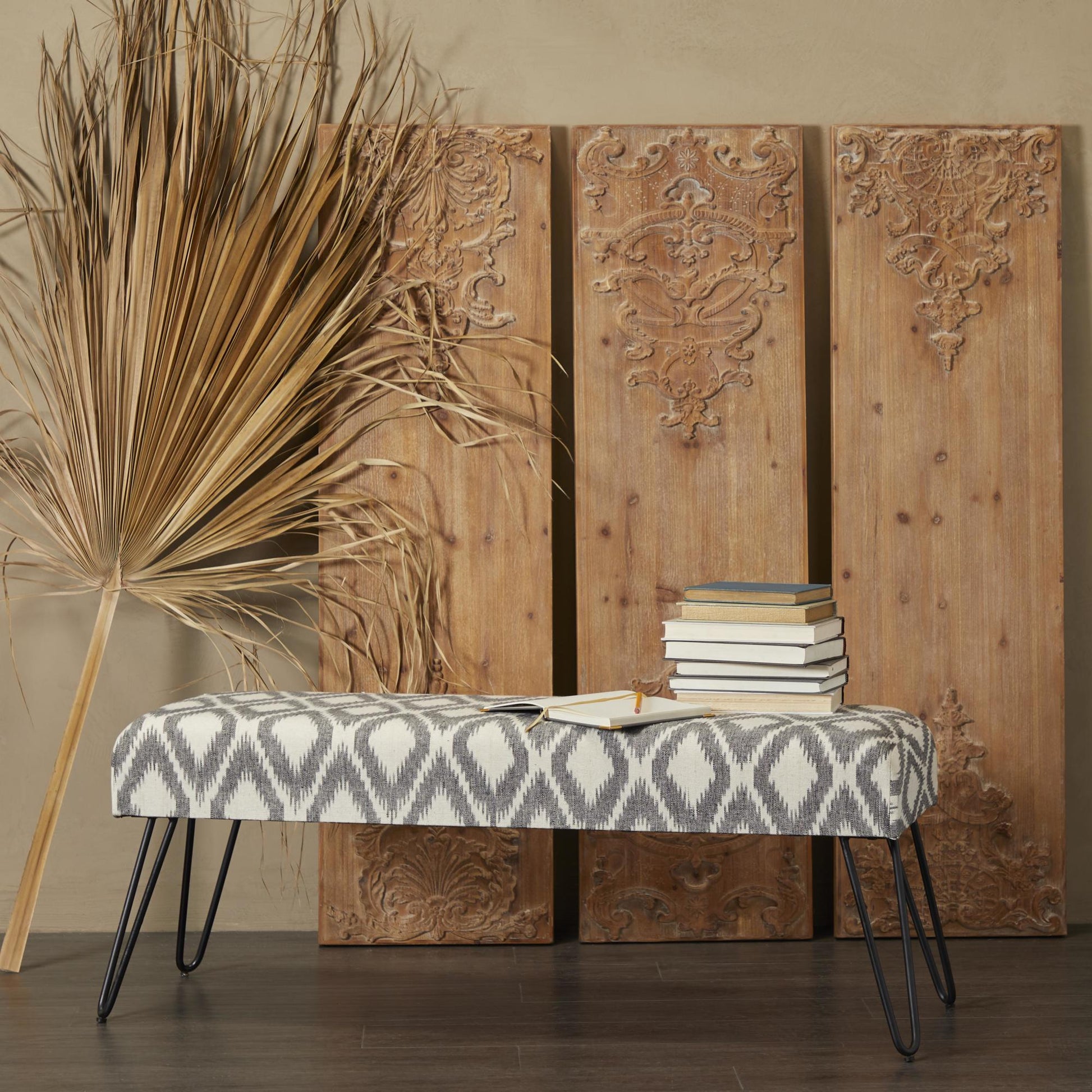 Tribal Cotton Fabric Home Bench with Metal Hairpin Legs