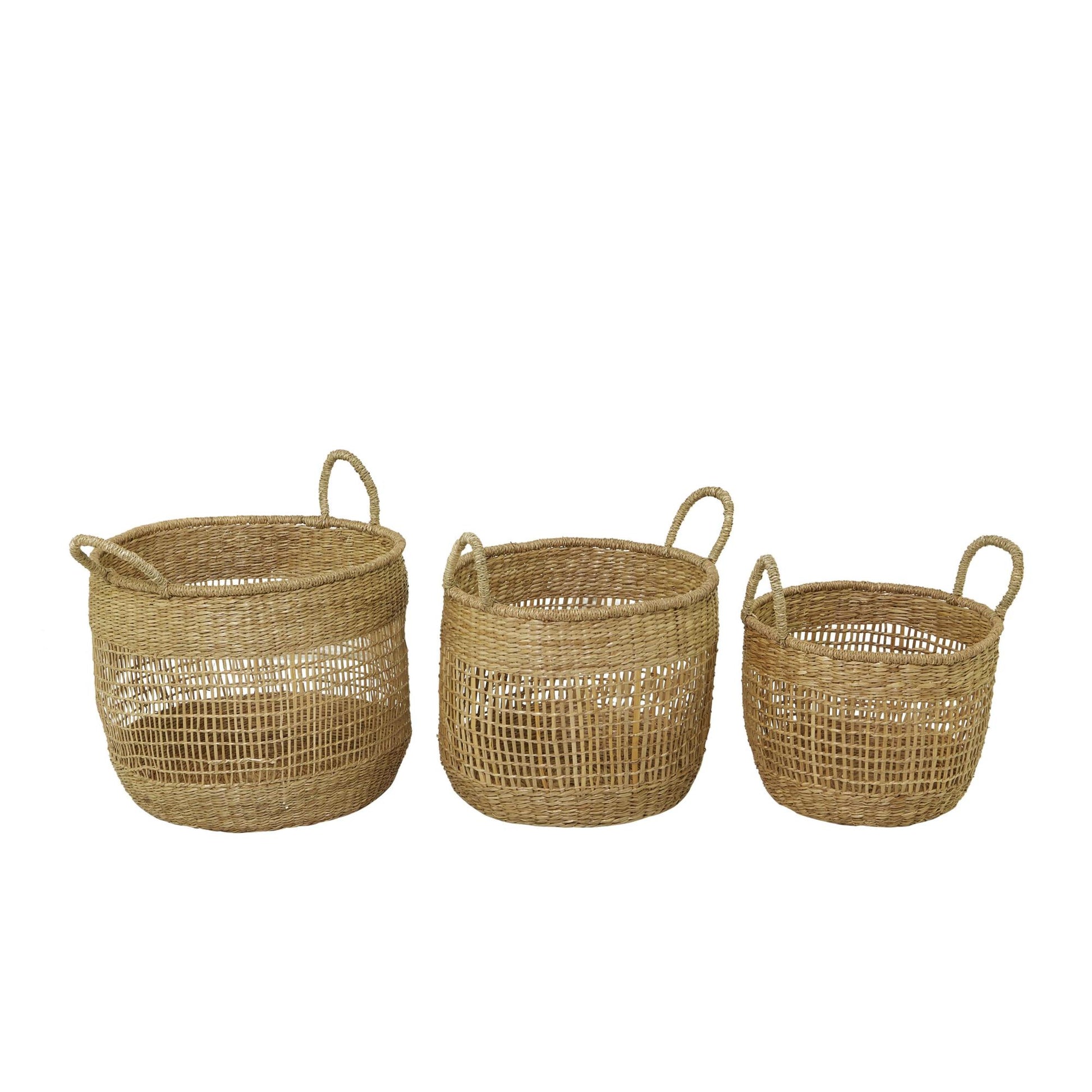 Set of 3 Brown Seagrass Handmade Decorative and Functional Storage Basket with Handles