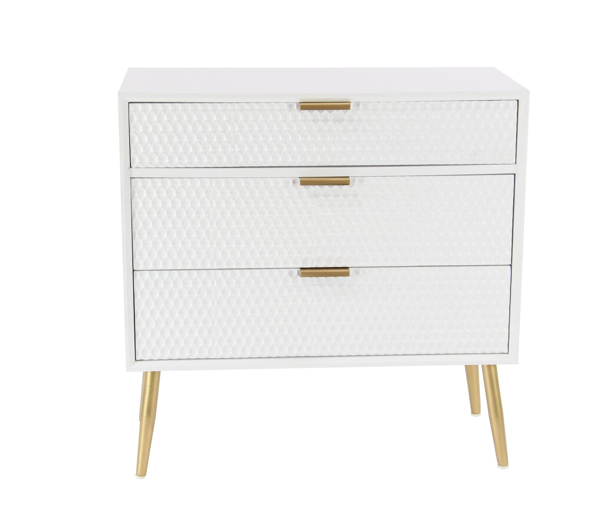Geometric White Wooden 3 Drawer Room Chest with Gold Legs