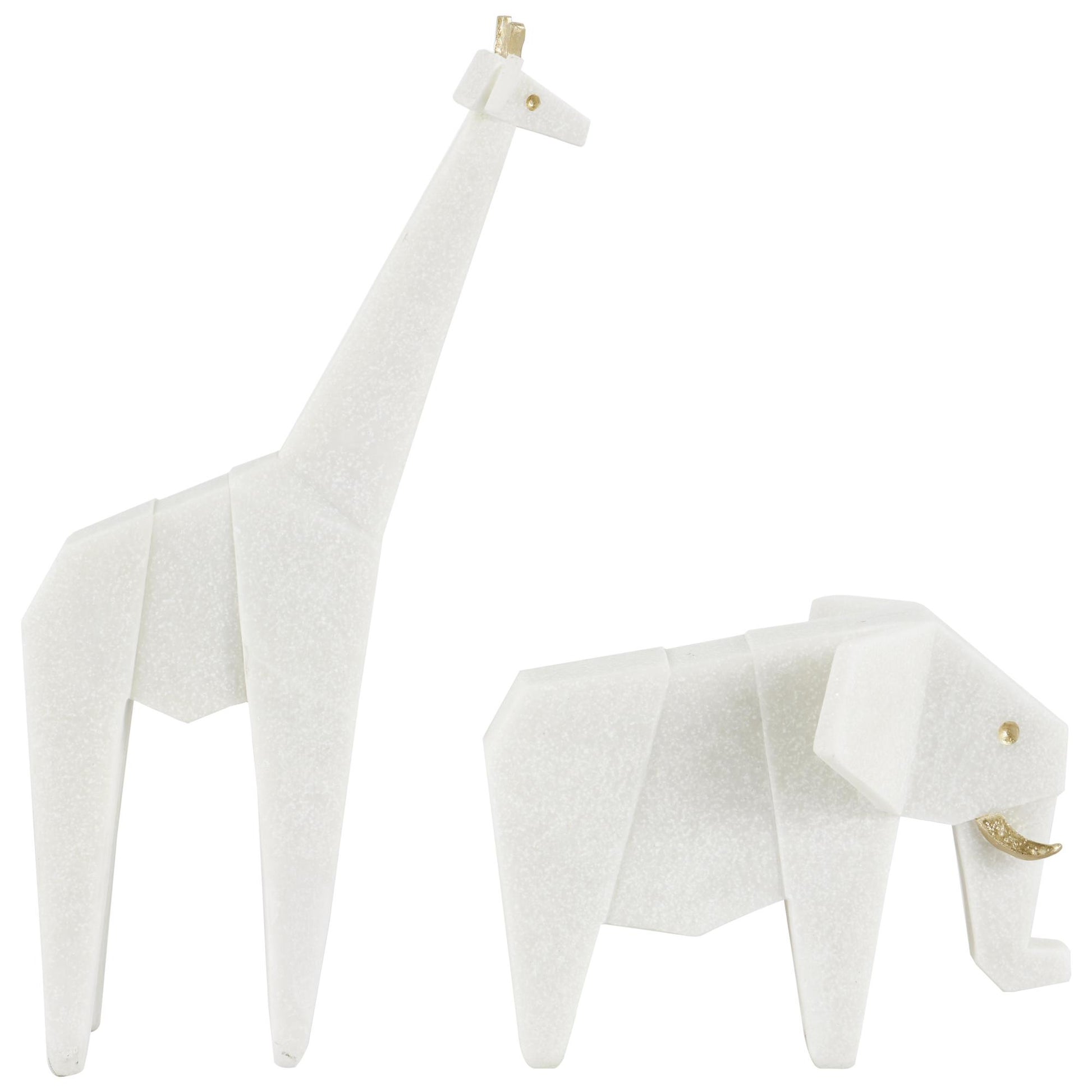 Set of 2 Elephant, Giraffe White Polystone Cubist Inspired Decorative Sculpture with Gold Accents