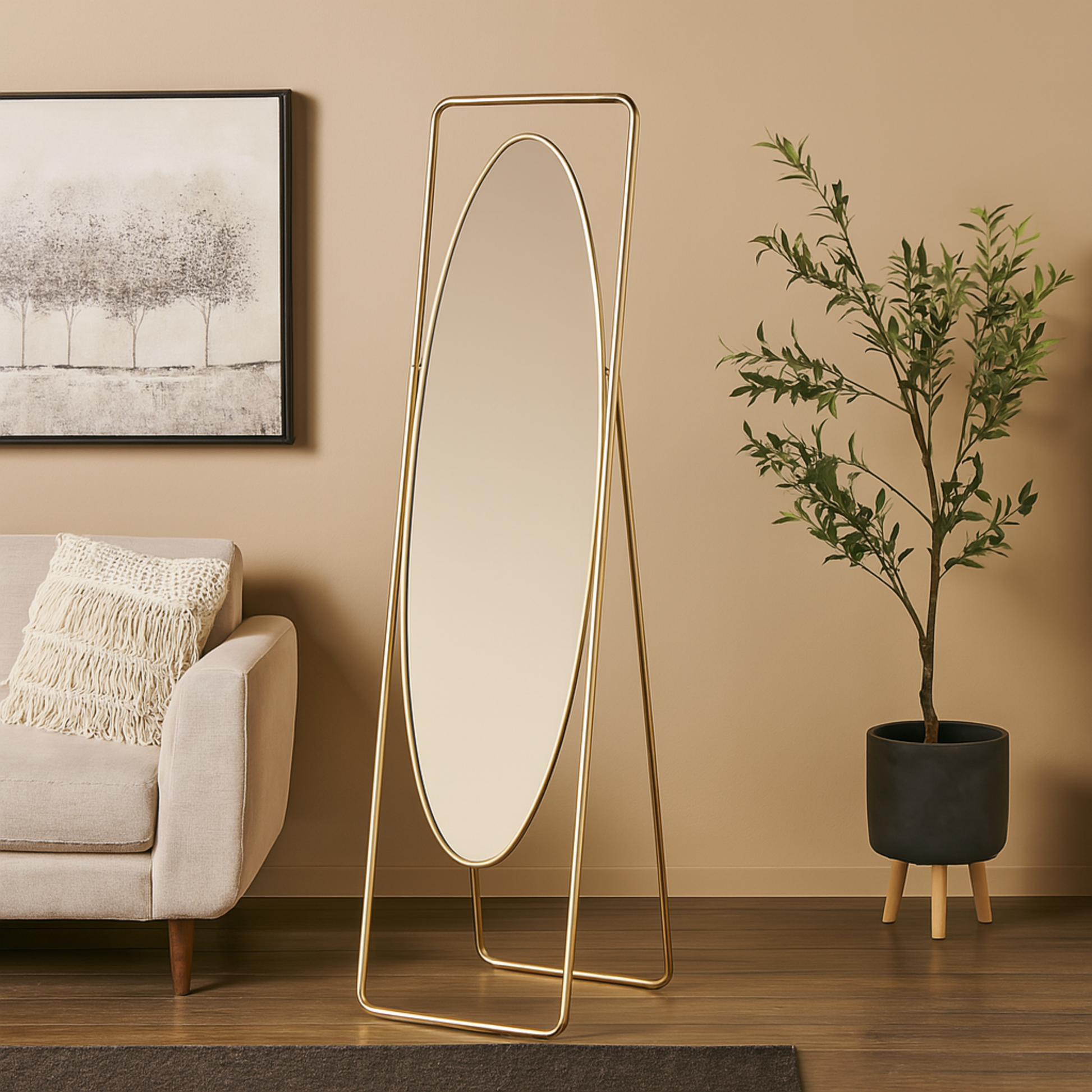 Geometric Gold Metal Oval Room Floor Mirror with Rectangular Frame and Stand