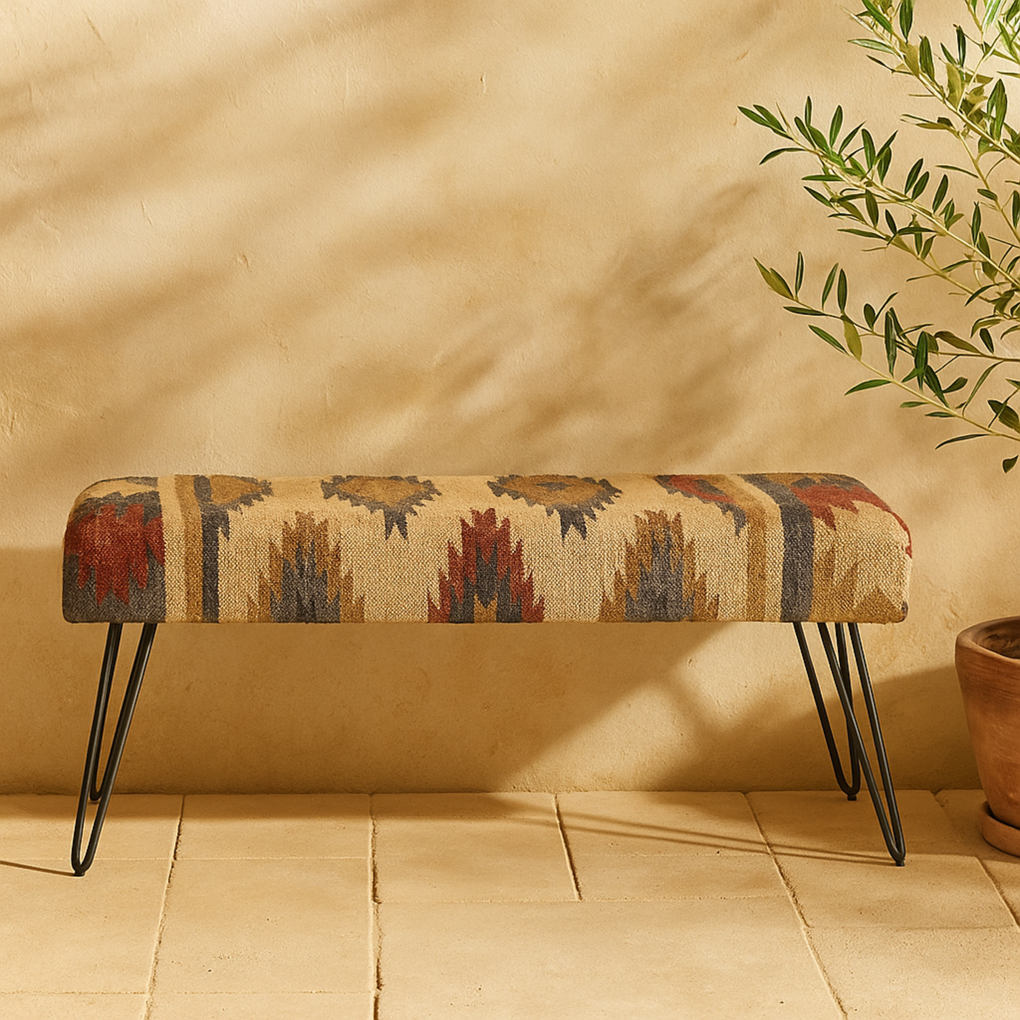 Floral Cotton Fabric Home Bench with Metal Hairpin Legs 47" x 19" x 16"