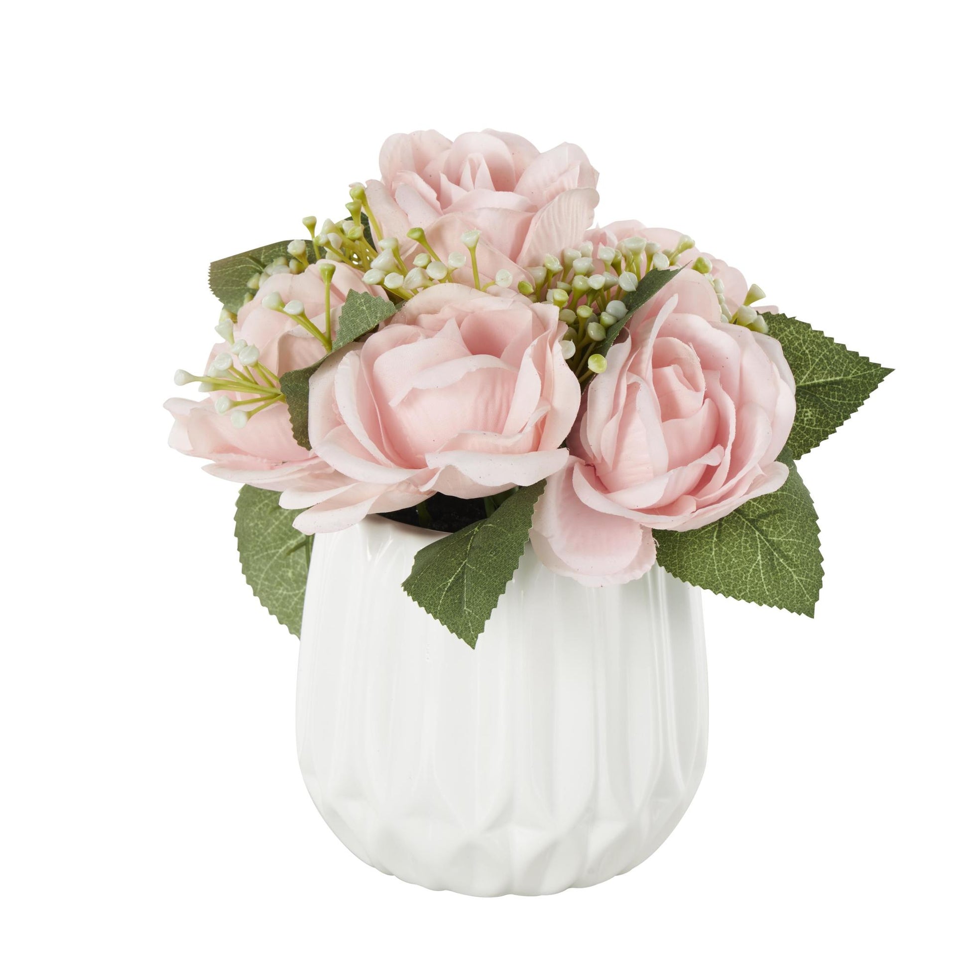 Hydrangea and Pom Pom Pink Fabric Indoor Outdoor Artificial Flower with Green Leaves and Round Ceramic Vase