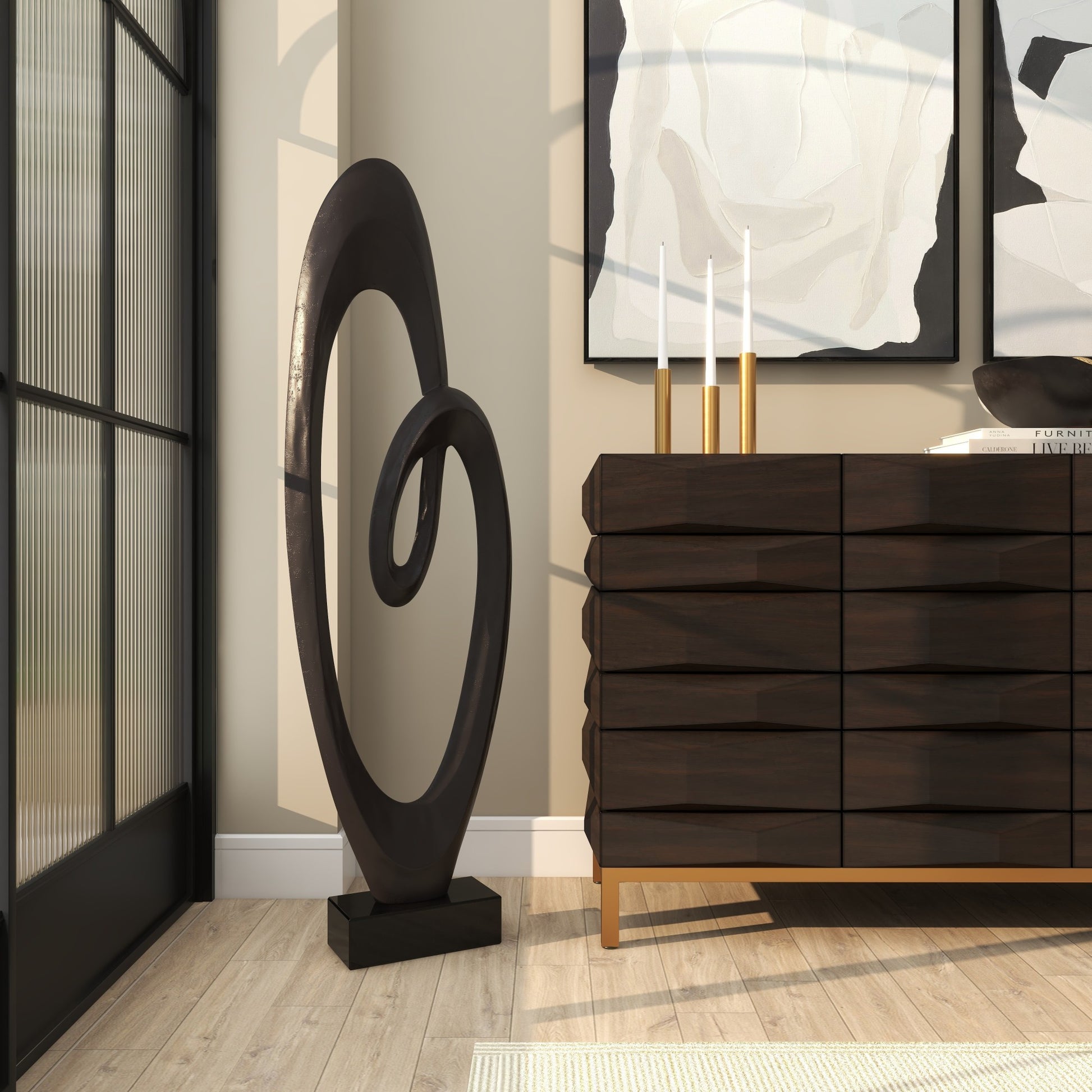 Abstract Aluminum Metal Tall Floor Loop Decorative Sculpture with Black Marble Base 16" x 5" x 52"