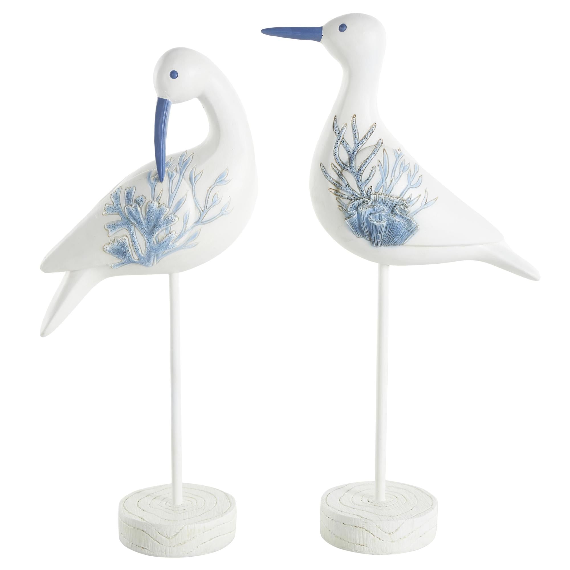 Set of 2 Bird White Polystone Decorative Sculpture with Blue Coral Patterns and Wood Inspired Bases