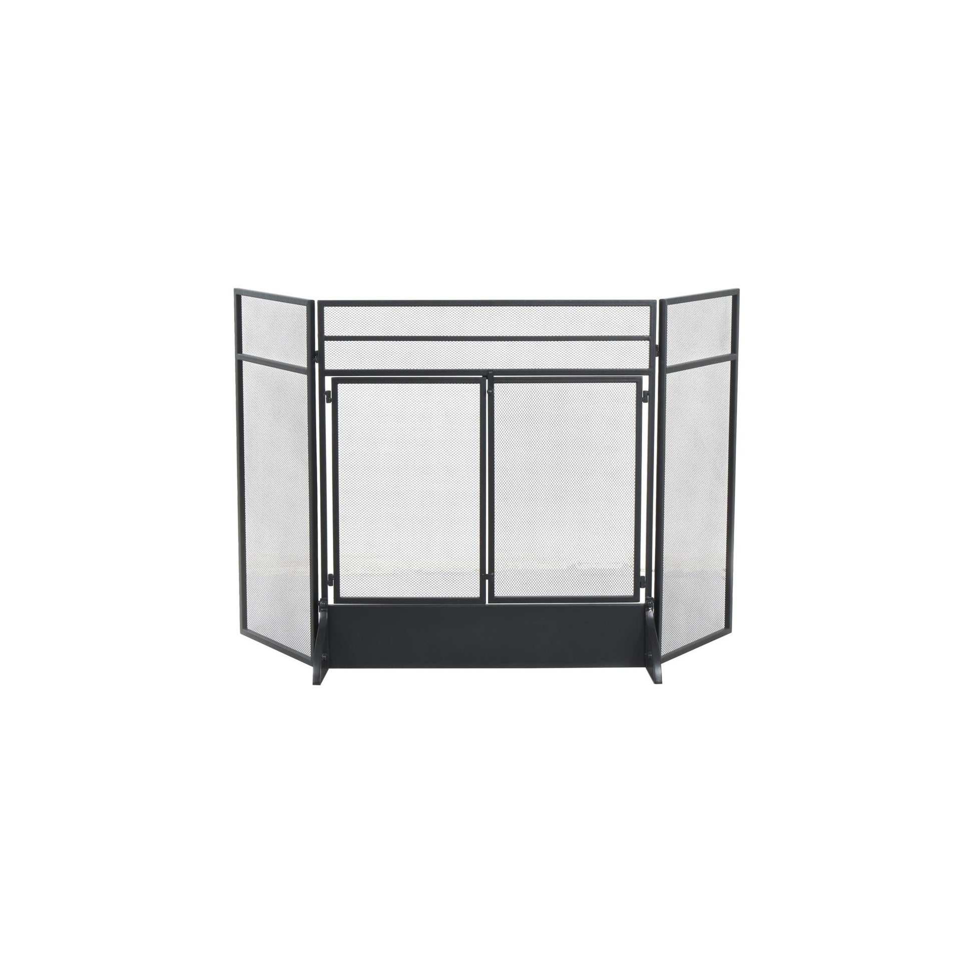 Geometric Black Metal 3 Panel and 2 Door Living Room Fireplace Screen with Mesh Backing